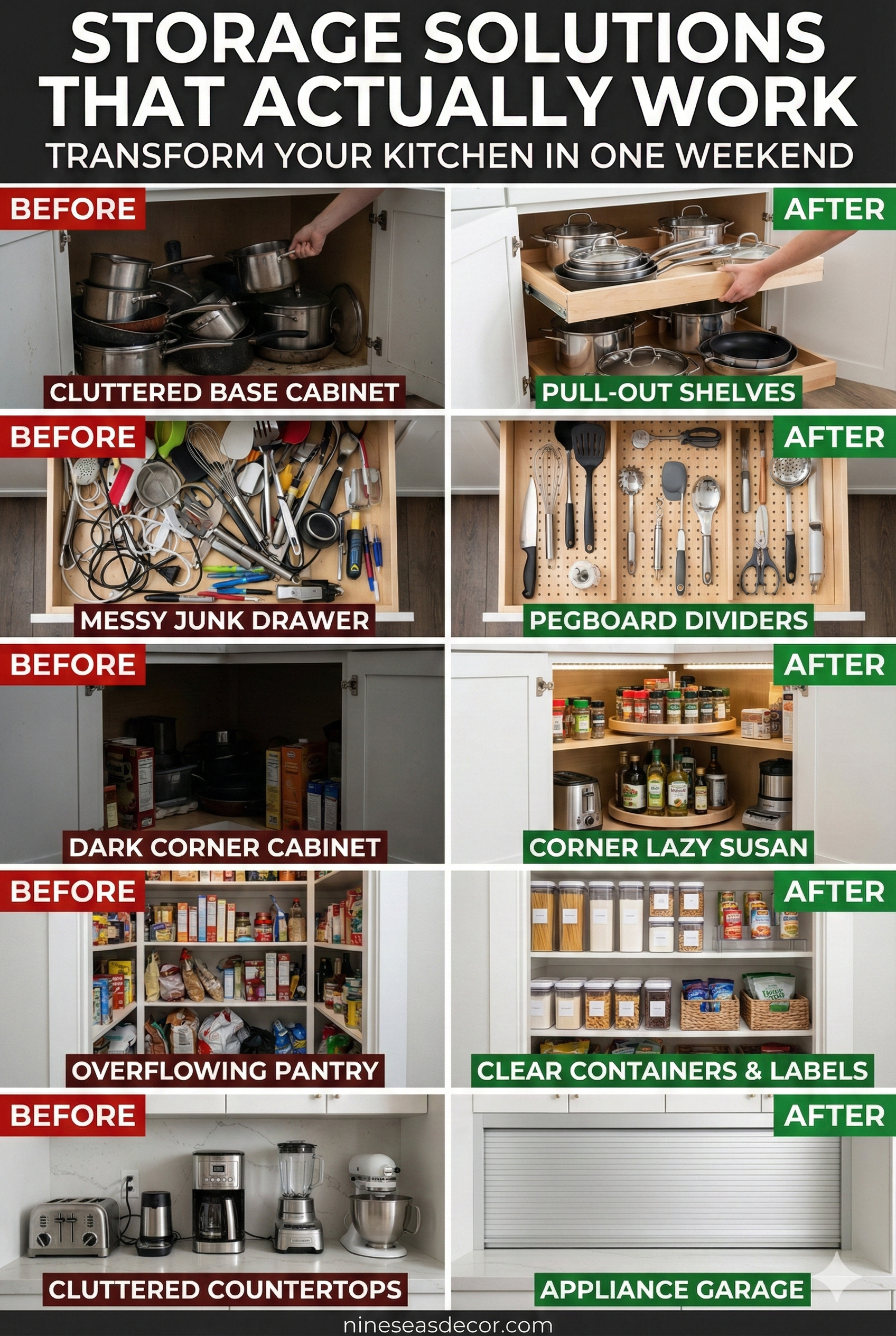 Kitchen organization before and after transformation showing cluttered cabinets versus organized pull-out shelves, messy drawers versus pegboard dividers, dark corners versus lazy Susan solutions, dramatic storage improvements
