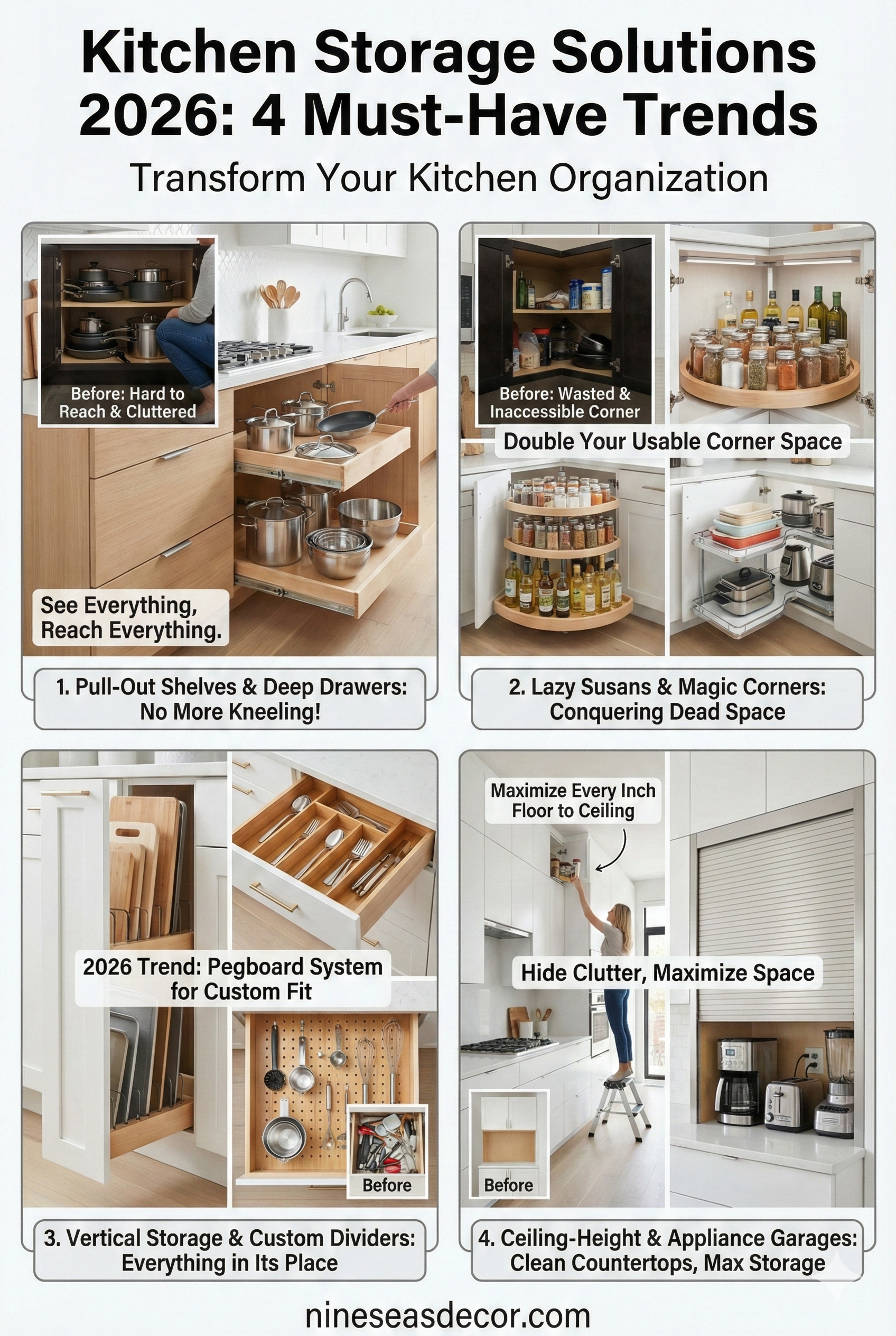 Kitchen storage solutions collage showing four quadrants: pull-out shelves with organized cookware, lazy Susan corner solutions, vertical storage with drawer dividers, and ceiling-height cabinets with appliance garages