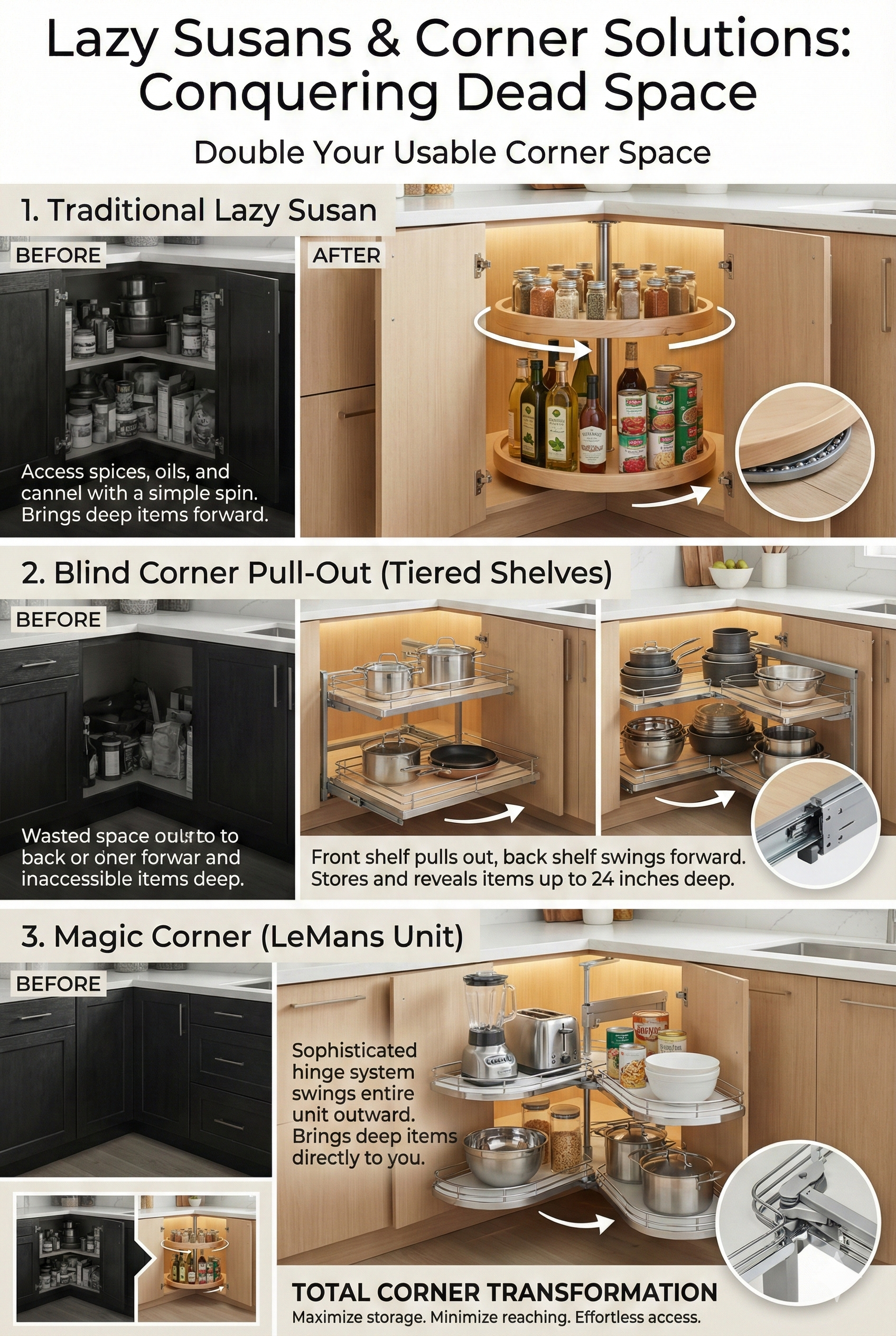 Kitchen corner cabinet solutions showing lazy Susan rotating shelves, blind corner pull-out with tiered shelves, and magic corner LeMans system bringing deep corner items to fingertips