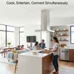 Open concept kitchen flowing into living room with no walls, large island creating subtle separation, family interacting while cooking, perfect for entertaining and social interaction