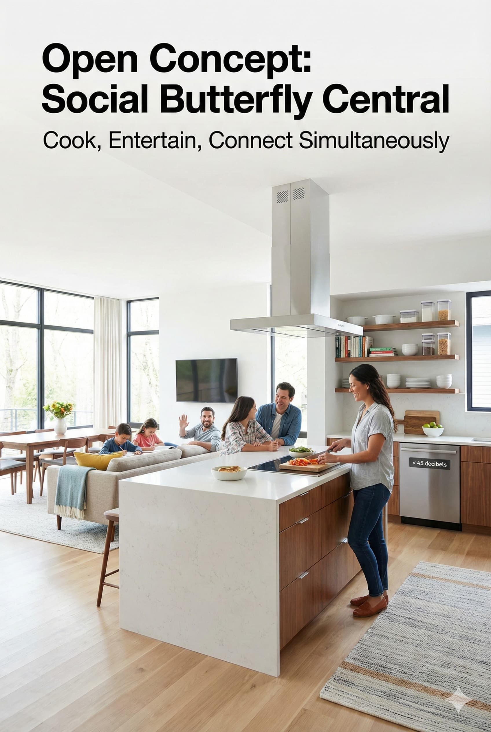 Open concept kitchen flowing into living room with no walls, large island creating subtle separation, family interacting while cooking, perfect for entertaining and social interaction