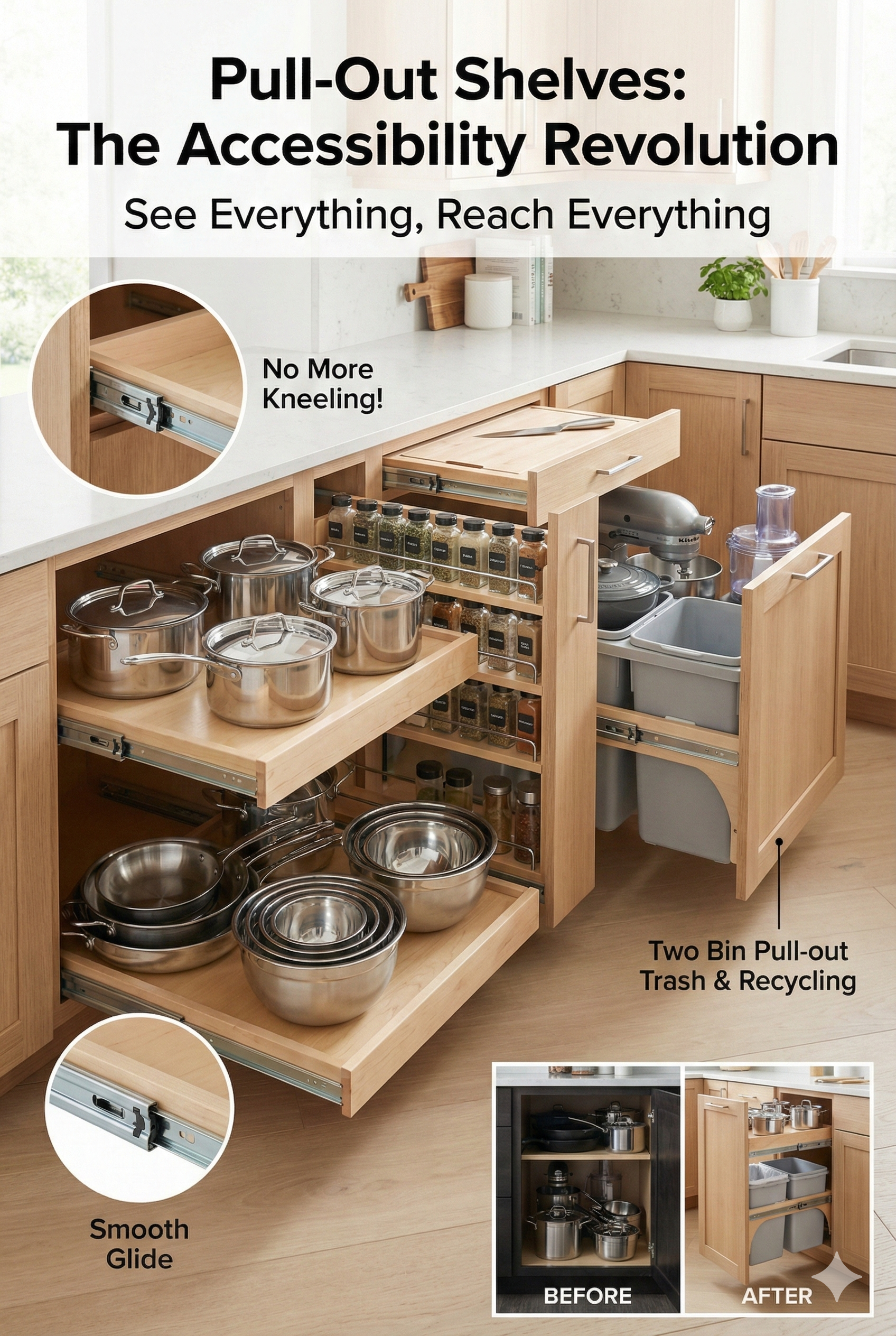 Kitchen cabinet with pull-out shelves on ball-bearing slides showing organized pots, pans, and mixing bowls, deep drawers with stand mixer and appliances, accessibility revolution in kitchen storage