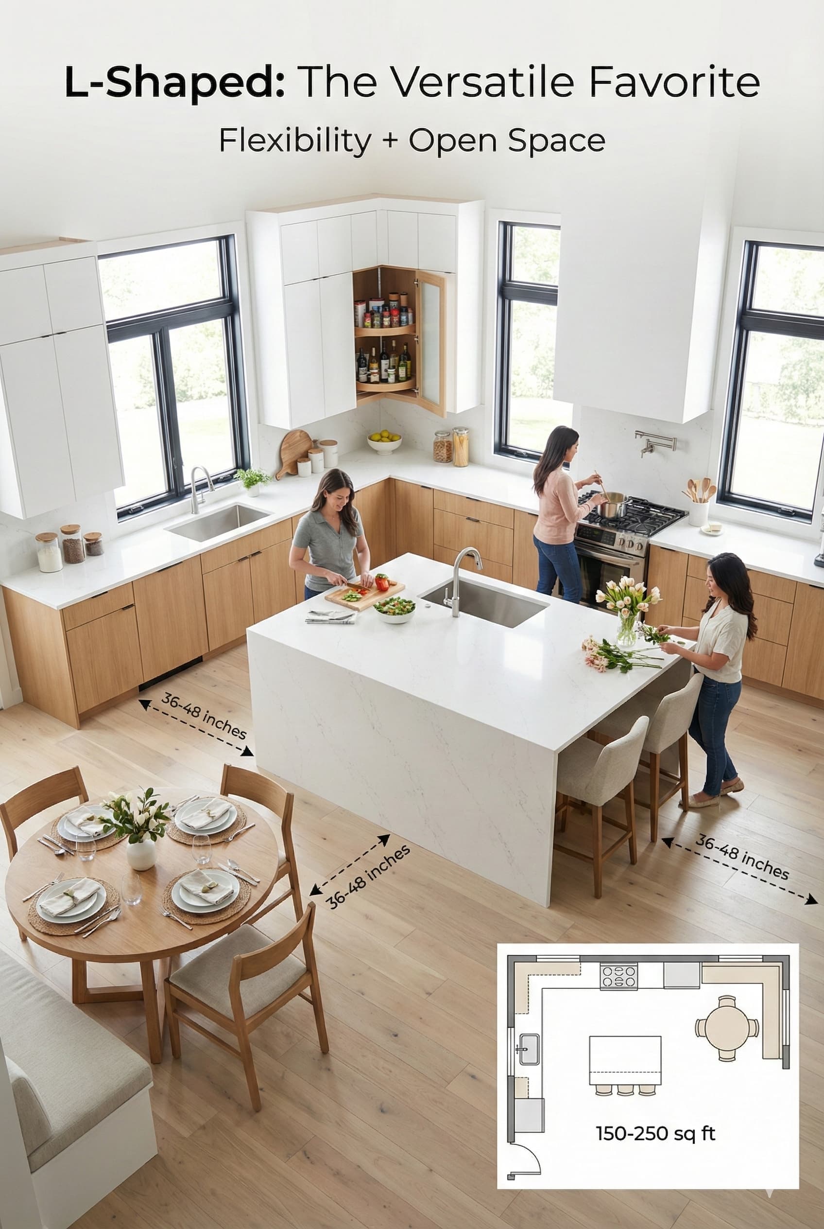 L-shaped kitchen with cabinets on two perpendicular walls, 150-250 square feet, open floor plan with room for kitchen island, natural wood and white cabinets showing versatile family-friendly layout