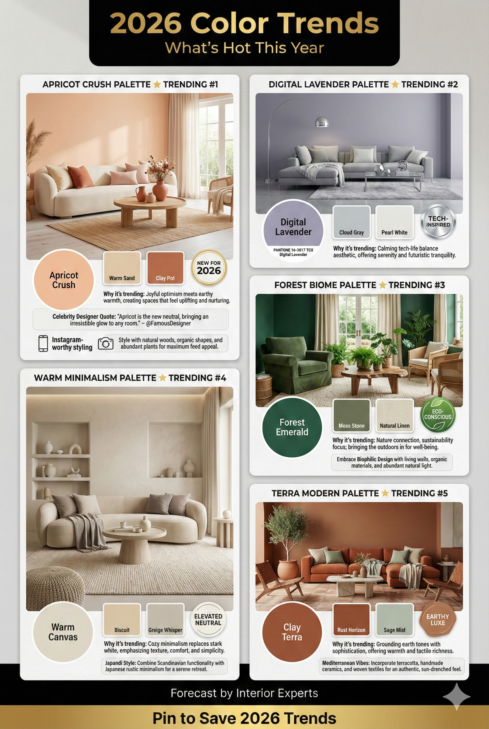 2026 trending living room color palettes showing apricot crush digital lavender forest biome warm minimalism and terra modern with trend badges and color codes