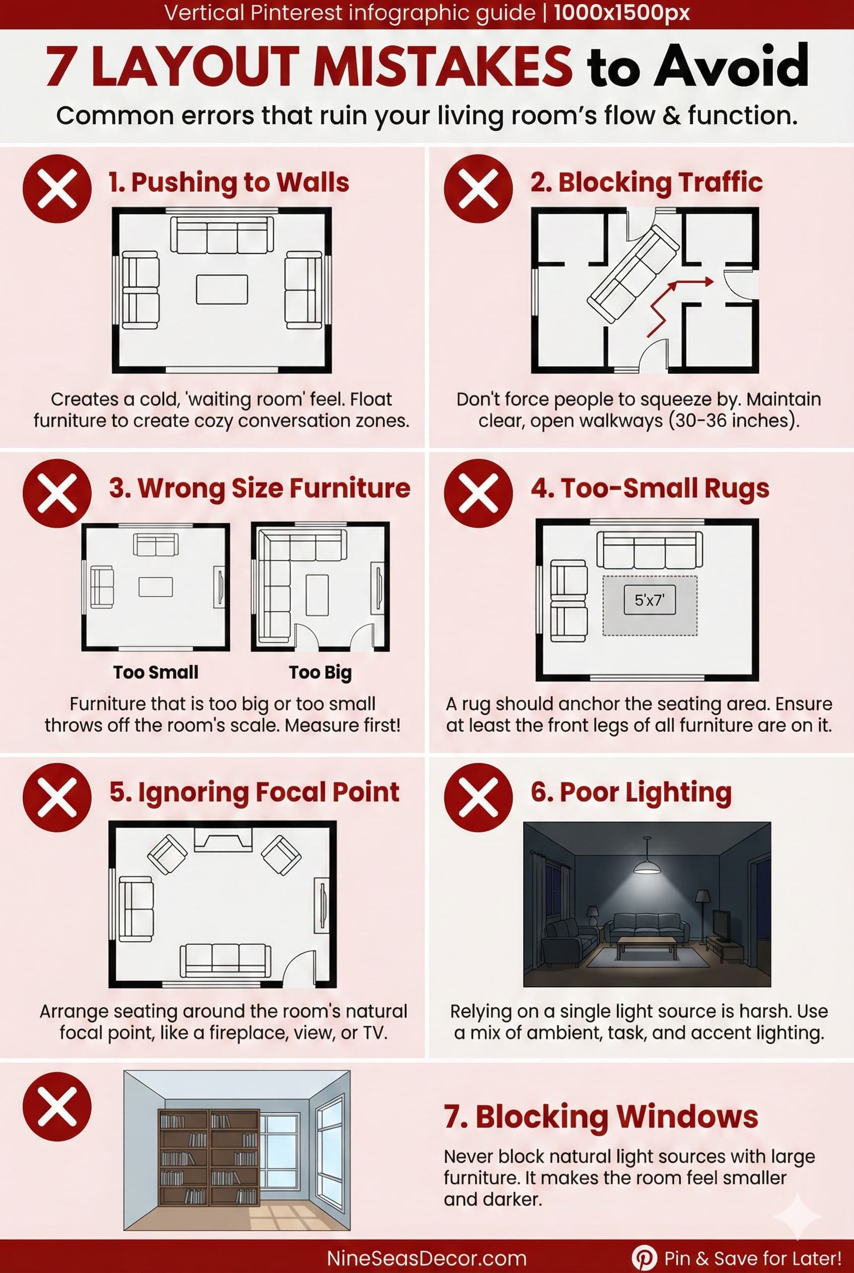 Infographic guide showing 7 common living room layout mistakes to avoid, such as pushing furniture to walls, blocking traffic paths, using too-small rugs, and poor lighting.