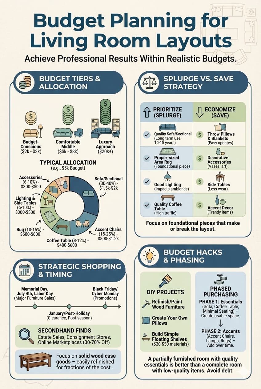 Infographic showing budget planning for living room layouts, including cost allocation pie chart ($5k budget example), splurge vs save strategies for furniture, and best times to shop for sales like Black Friday.