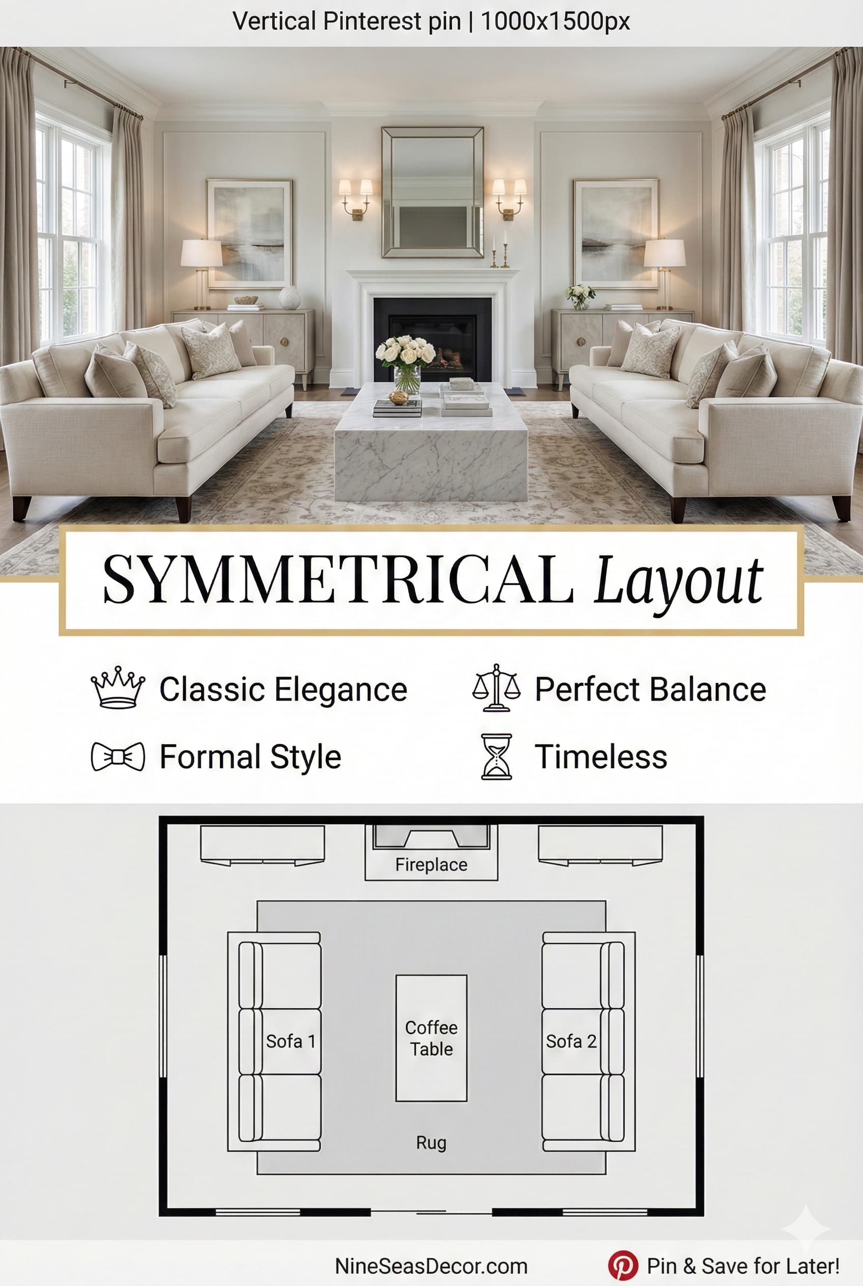 Symmetrical living room layout with matching sofas and balanced furniture arrangement