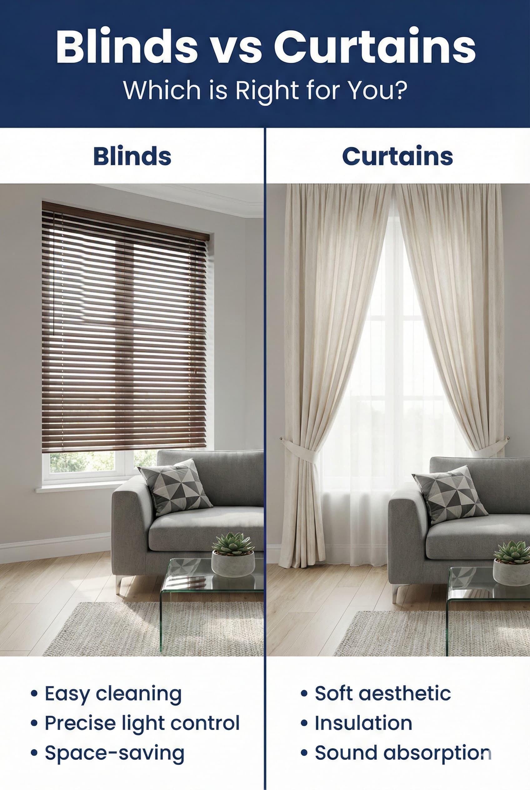 Side by side comparison of blinds versus curtains showing pros and cons for living room windows