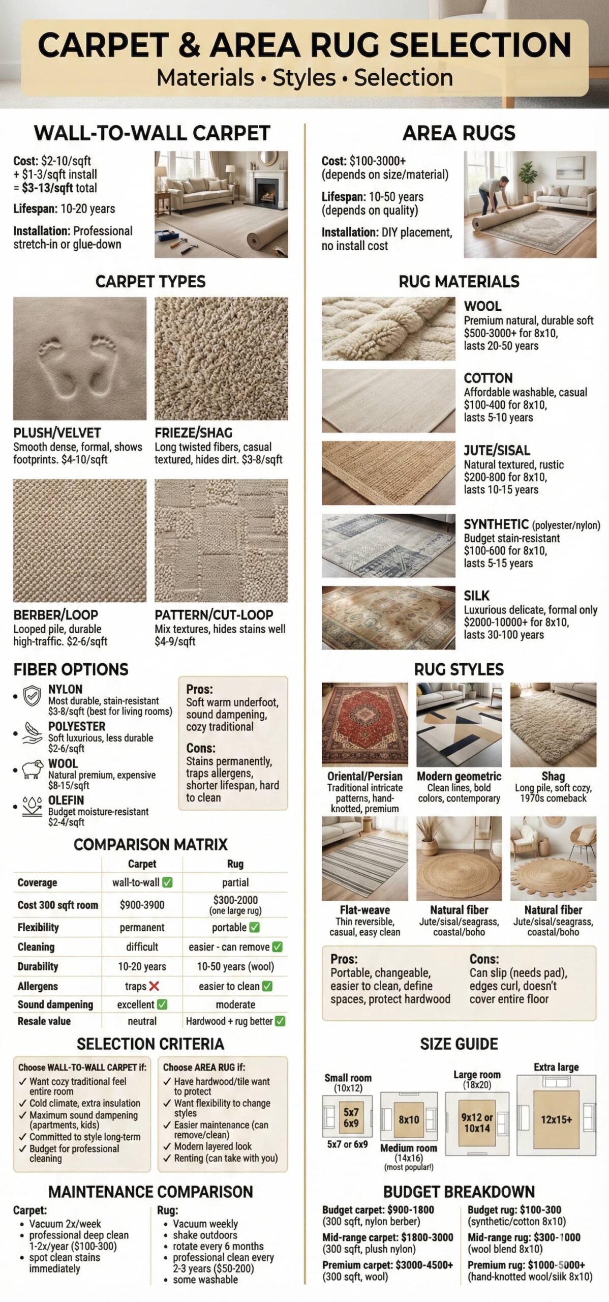 Carpet versus area rug selection guide showing materials styles costs and maintenance comparison