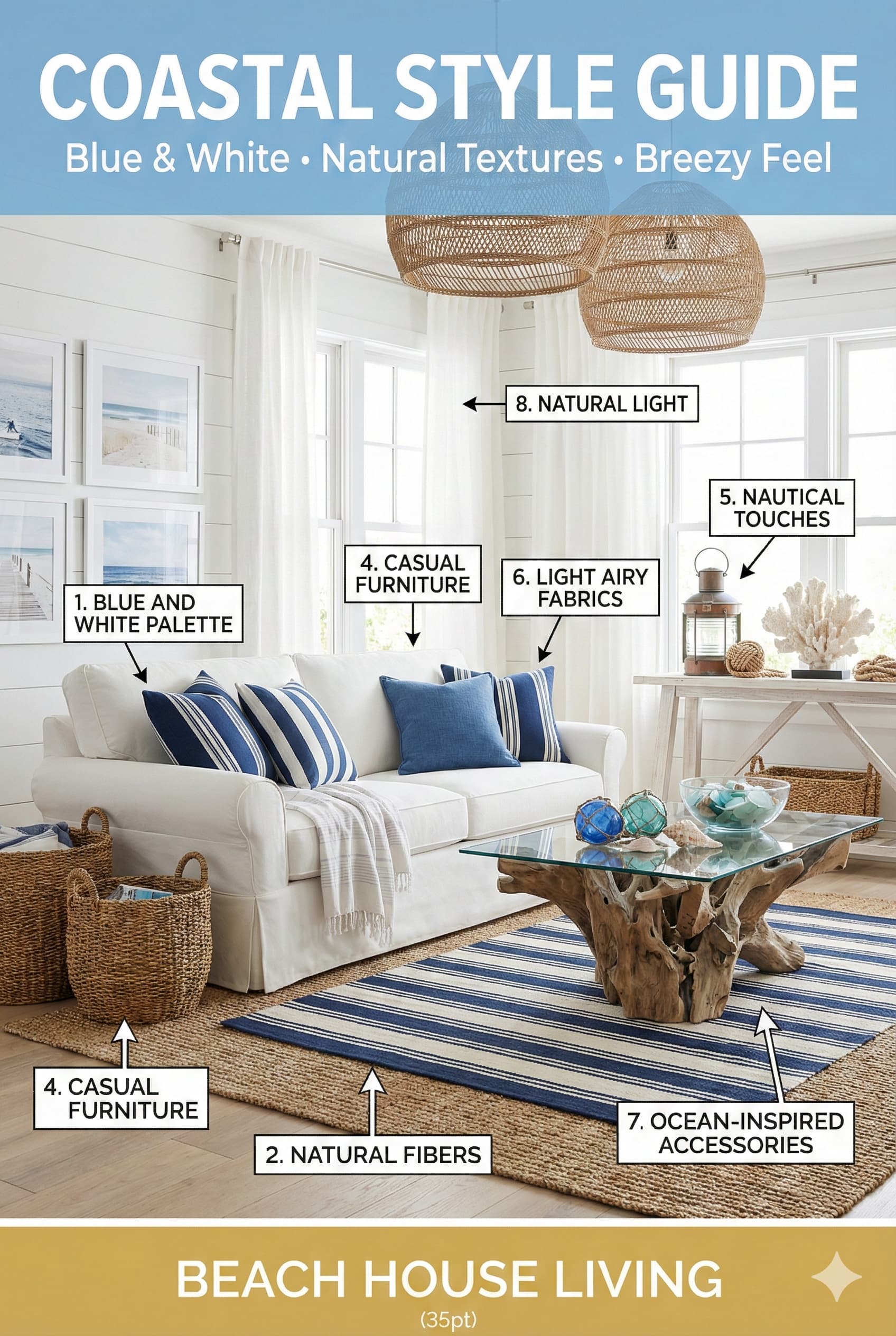 Coastal living room style guide featuring blue and white palette natural fibers and breezy beach house atmosphere with labeled elements