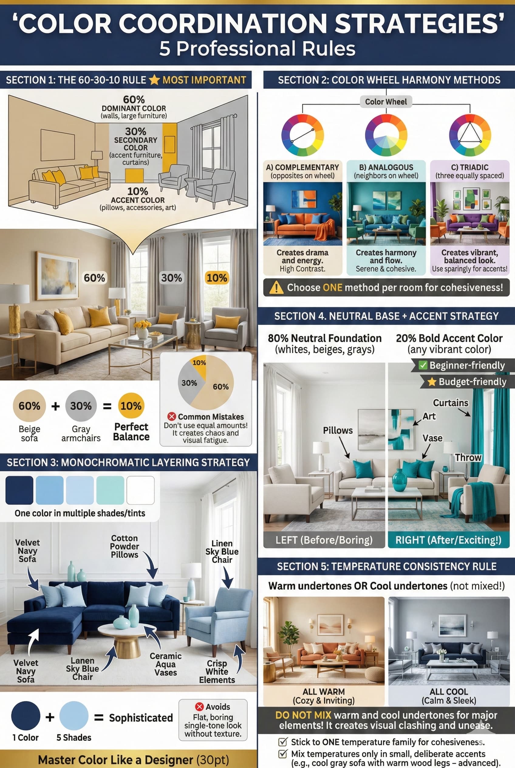 Color coordination strategies infographic showing 60-30-10 rule color wheel harmony monochromatic layering neutral base with accents and temperature consistency with room examples