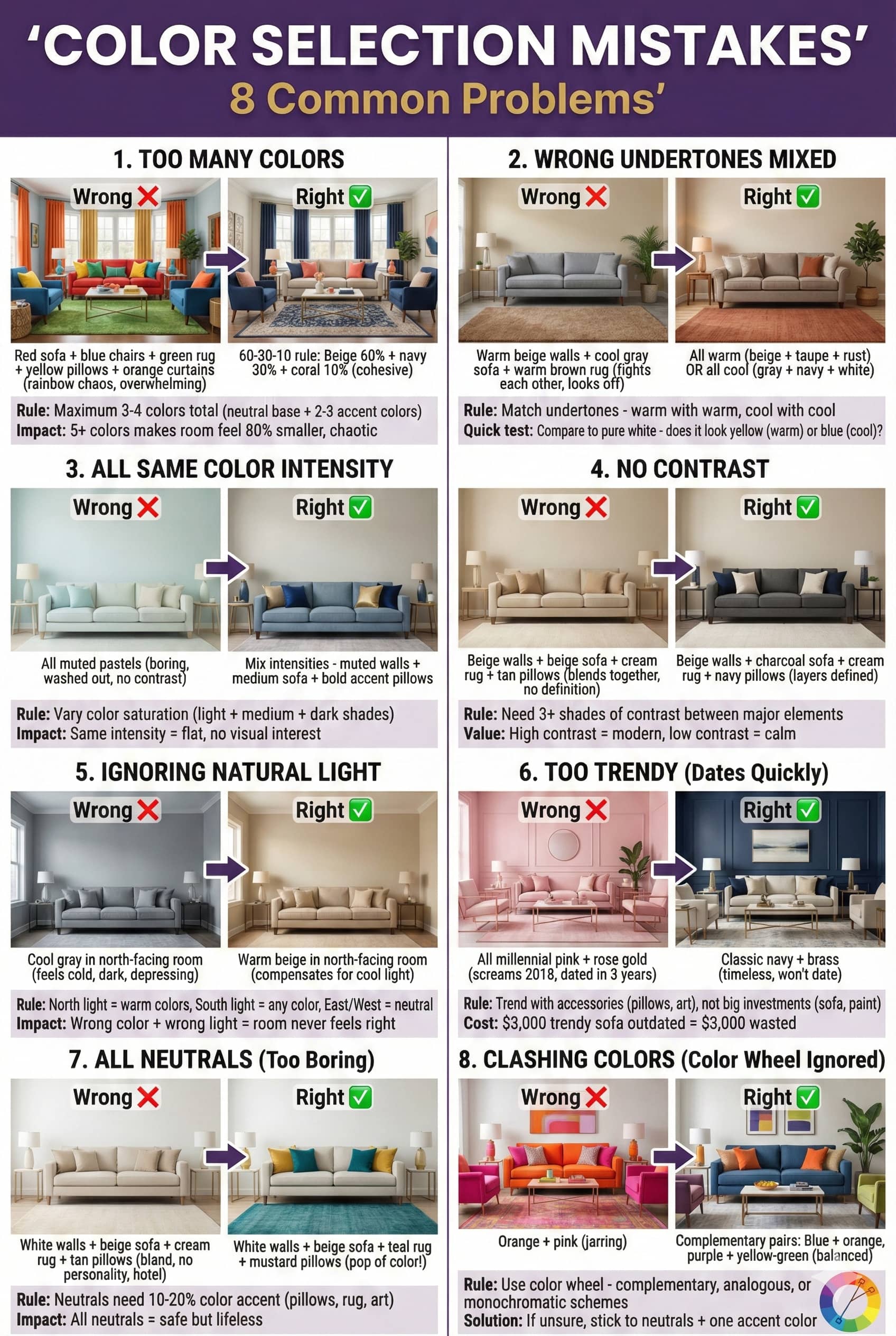 Eight color selection mistakes showing too many colors wrong undertones same intensity no contrast lighting issues trendy colors and solutions with color wheel