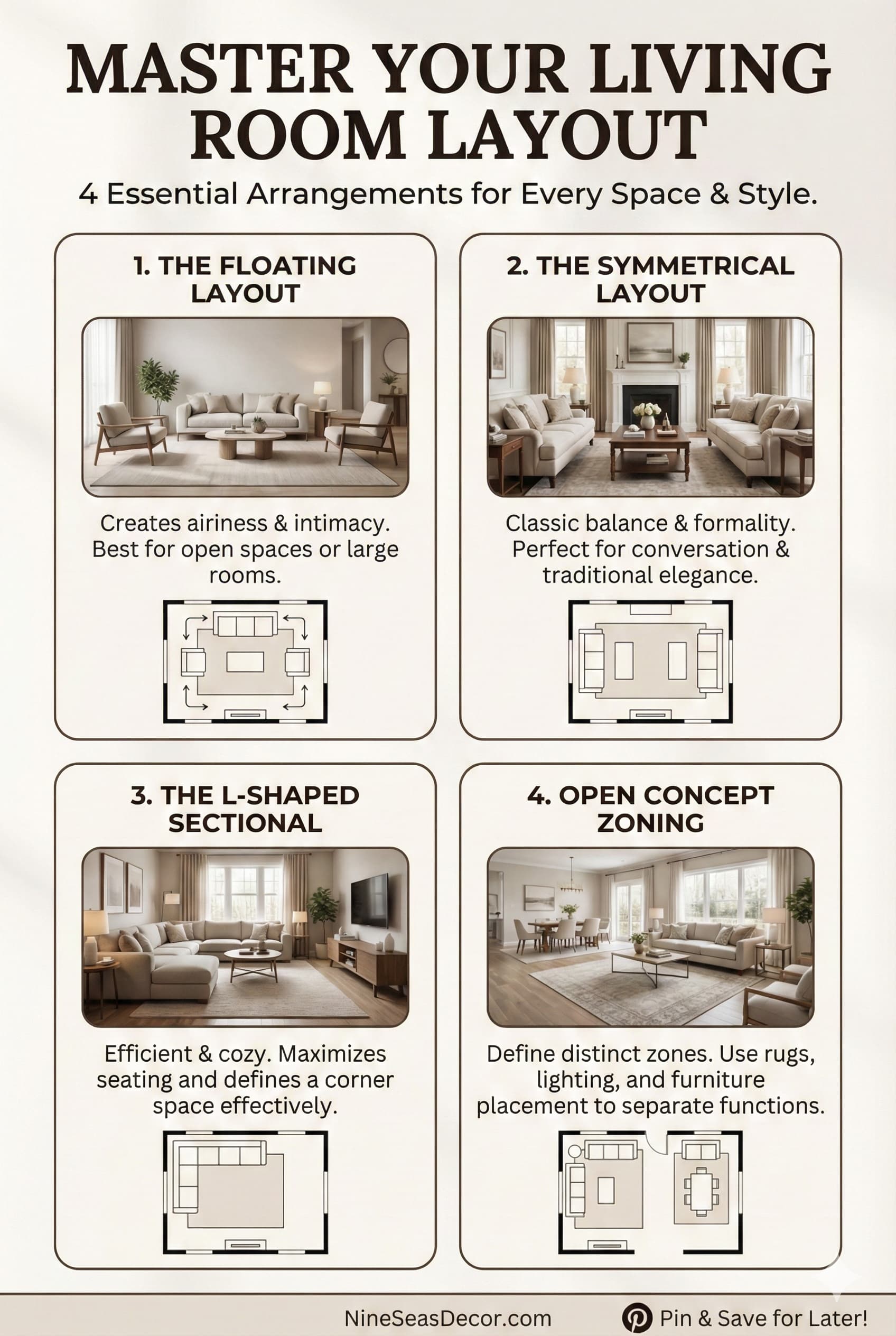 Conversation circle seating arrangement with sofa and chairs facing inward