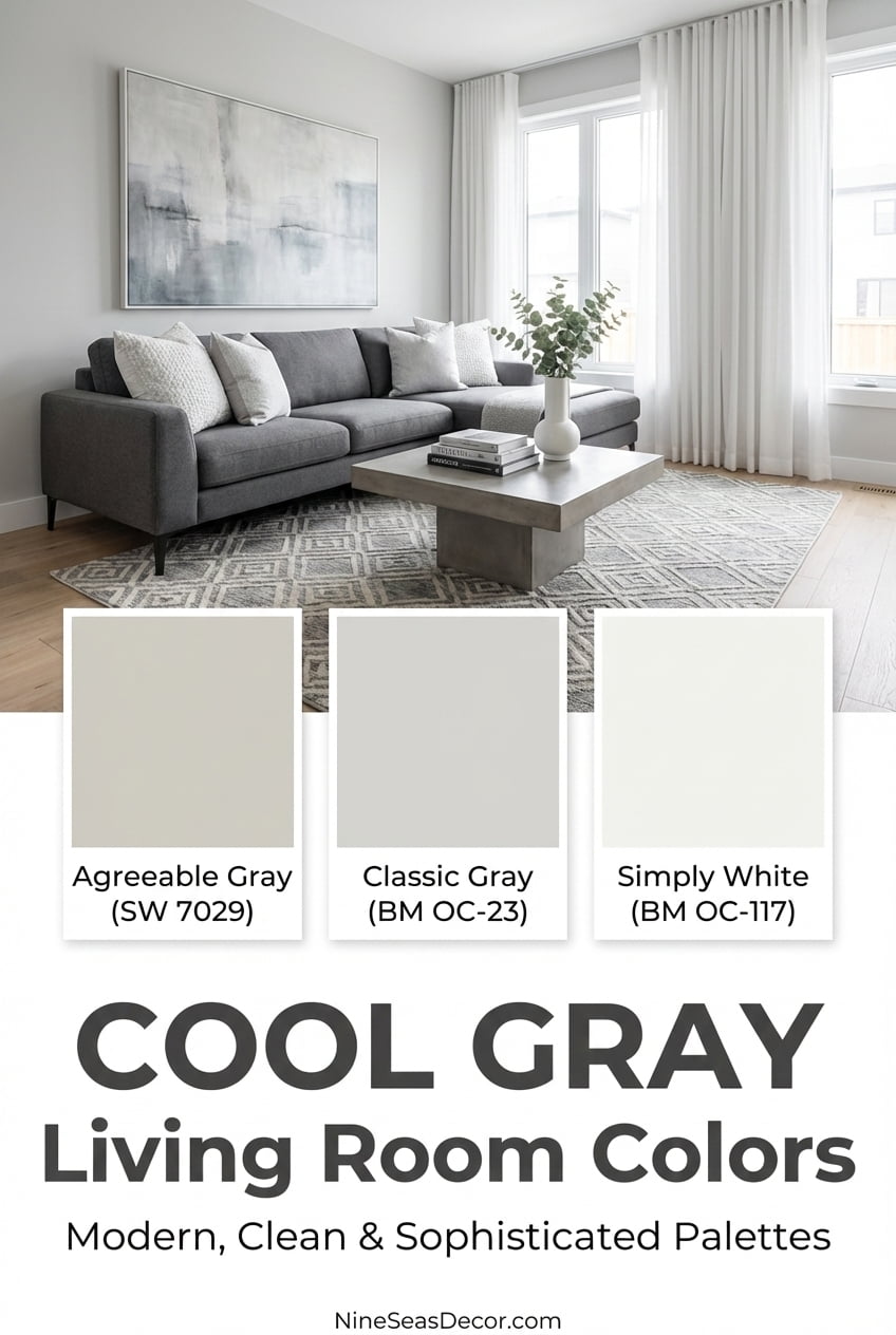 Cool gray and white living room color scheme with modern aesthetic