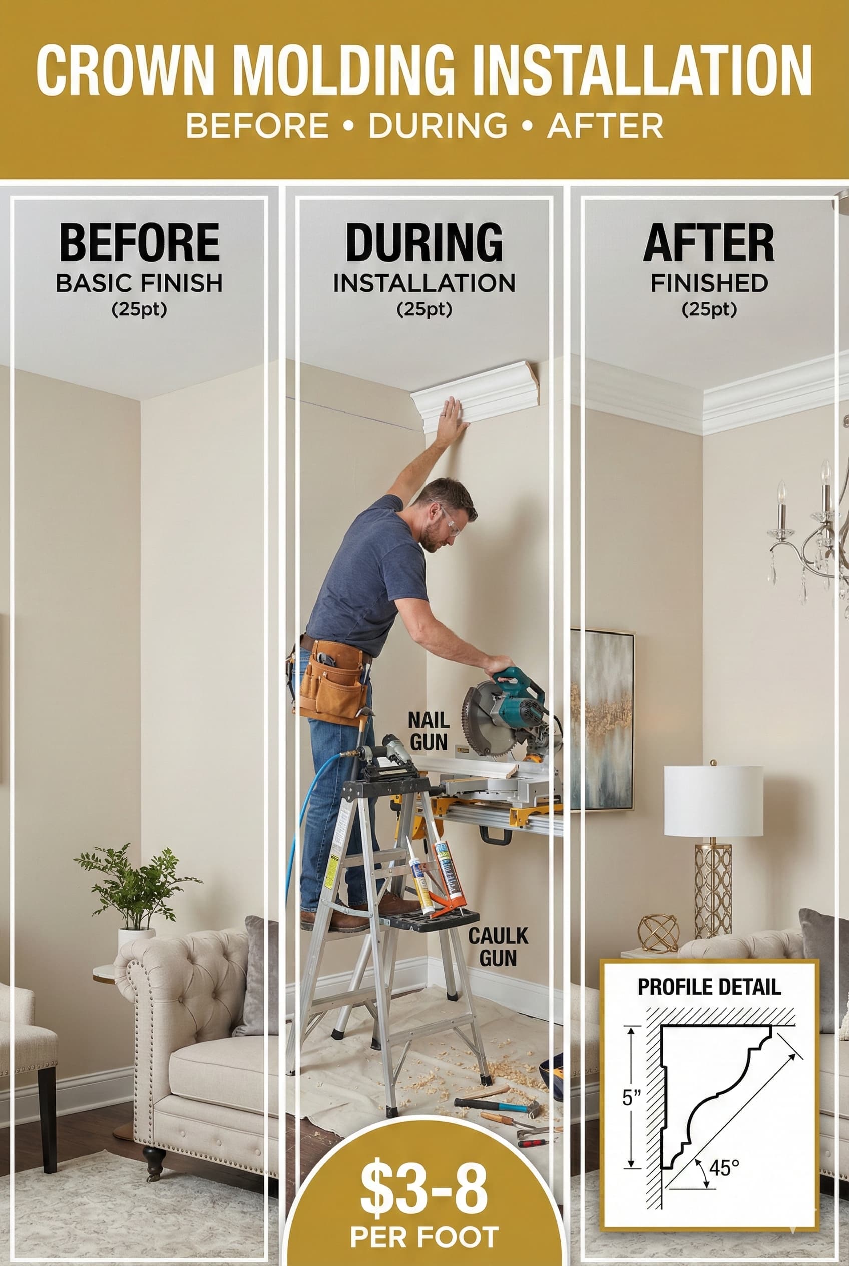 Crown molding installation process showing before plain ceiling corner, during installation with tools, and after finished elegant trim