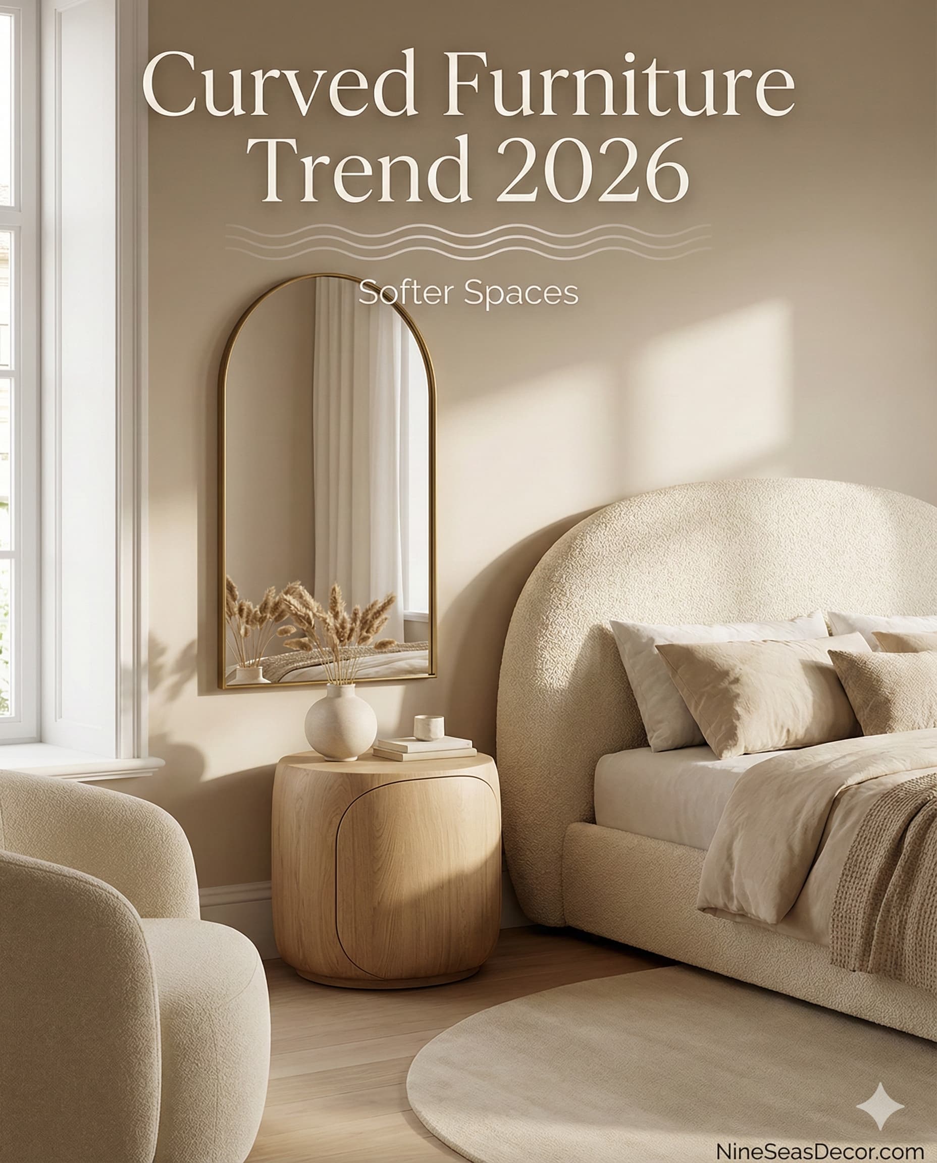 2026 furniture trend featuring curved silhouettes, rounded nightstand measuring 20-inch diameter 24 inches high, arched mirror measuring 30x40 inches, curved upholstered bed frame with rounded headboard 60 inches wide, eliminating sharp corners, bouclé fabric covering textured looped weave creating organic surface character, soft visual impressions improved spatial flow bedroom interior, modern design trends curved furniture replacing angular designs
