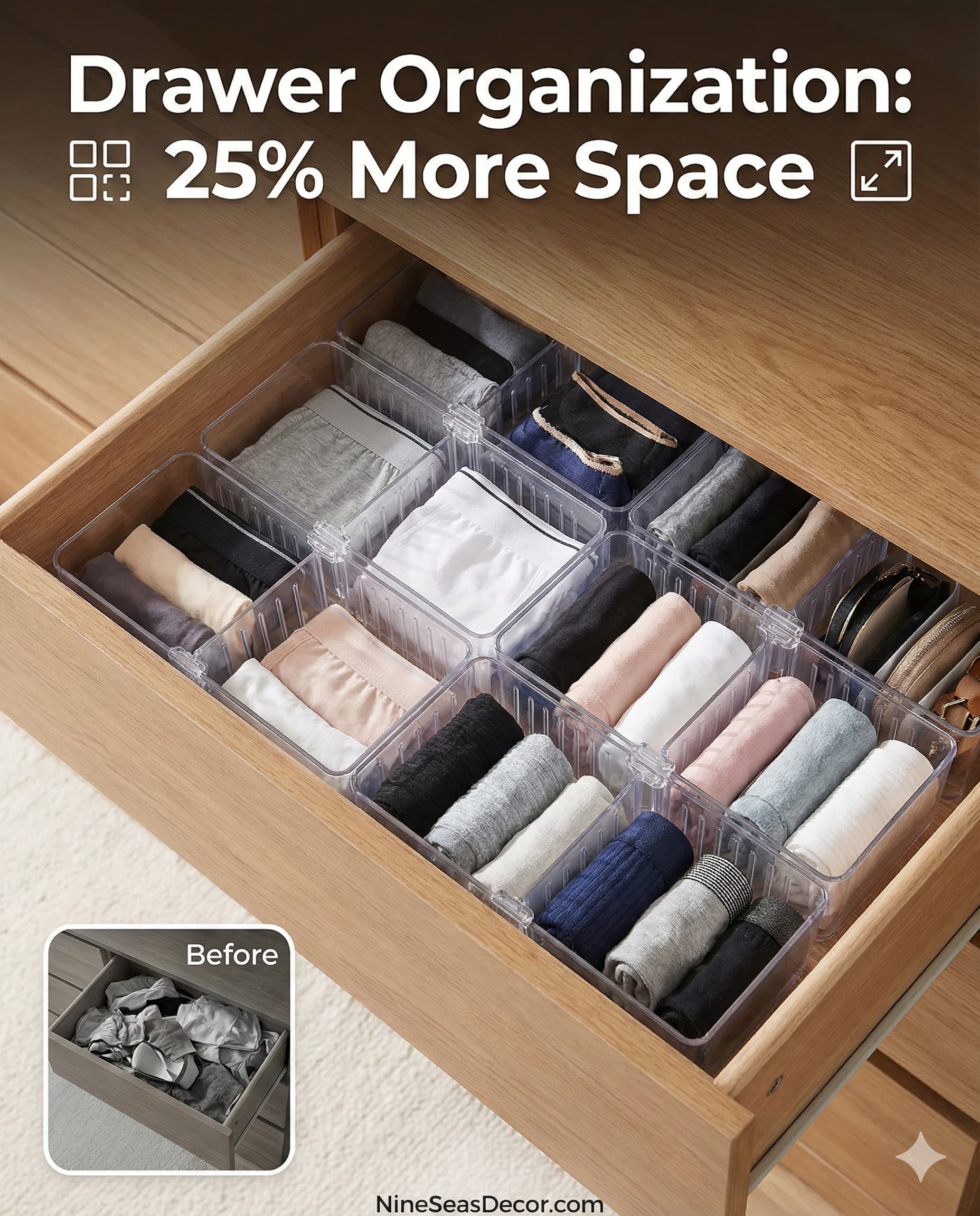 Bedroom dresser drawer interior featuring adjustable divider system creating distinct compartments, organized underwear socks accessories small items, drawer measuring 24 inches wide 18 inches deep 6 inches high, compartments measuring 6x6 inches each, clear plastic dividers enabling content visibility without opening, vertical filing method with items standing upright increasing capacity 25 percent, professional drawer organization space-saving storage methodology