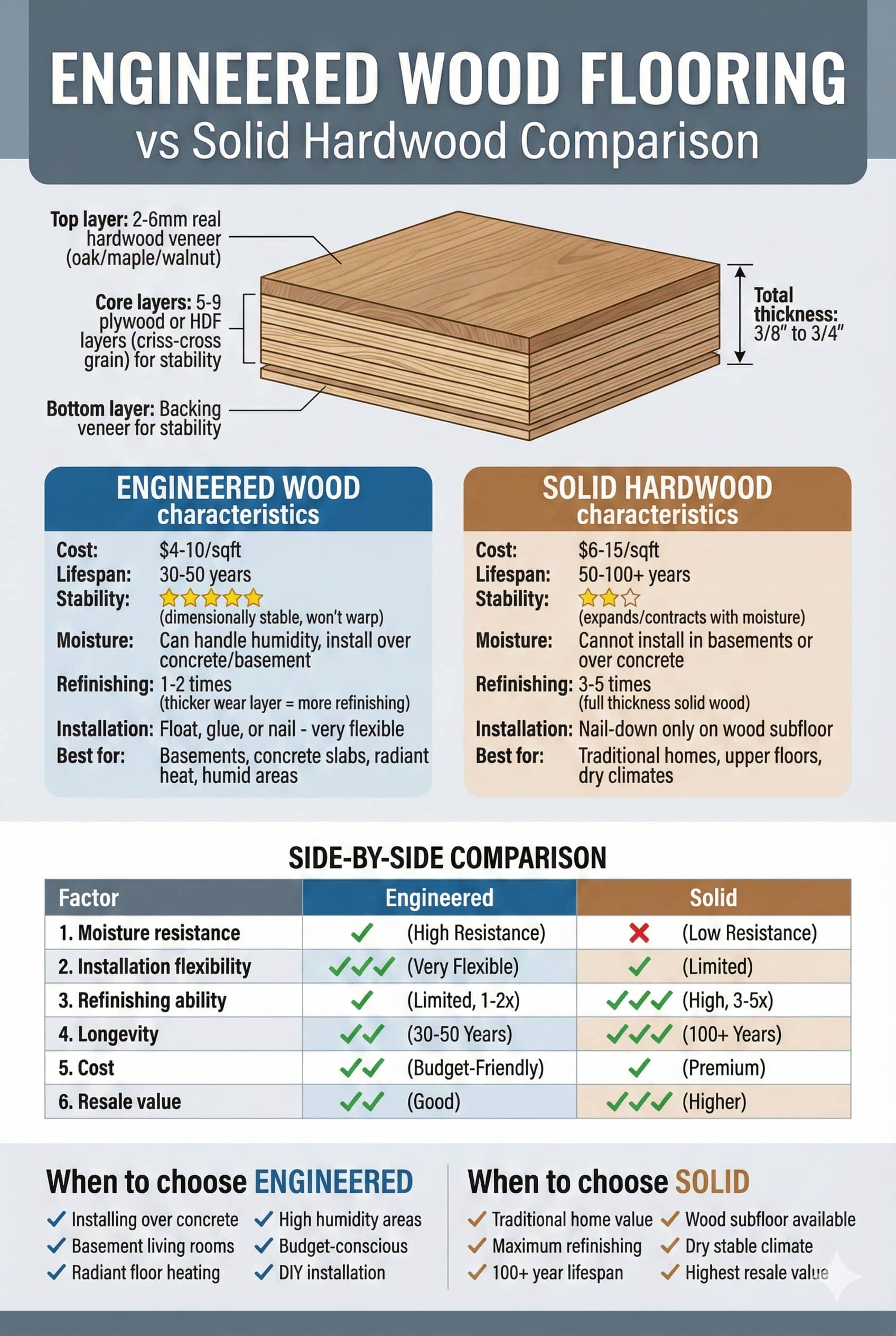 Engineered wood flooring versus solid hardwood showing layer construction moisture resistance and installation comparison