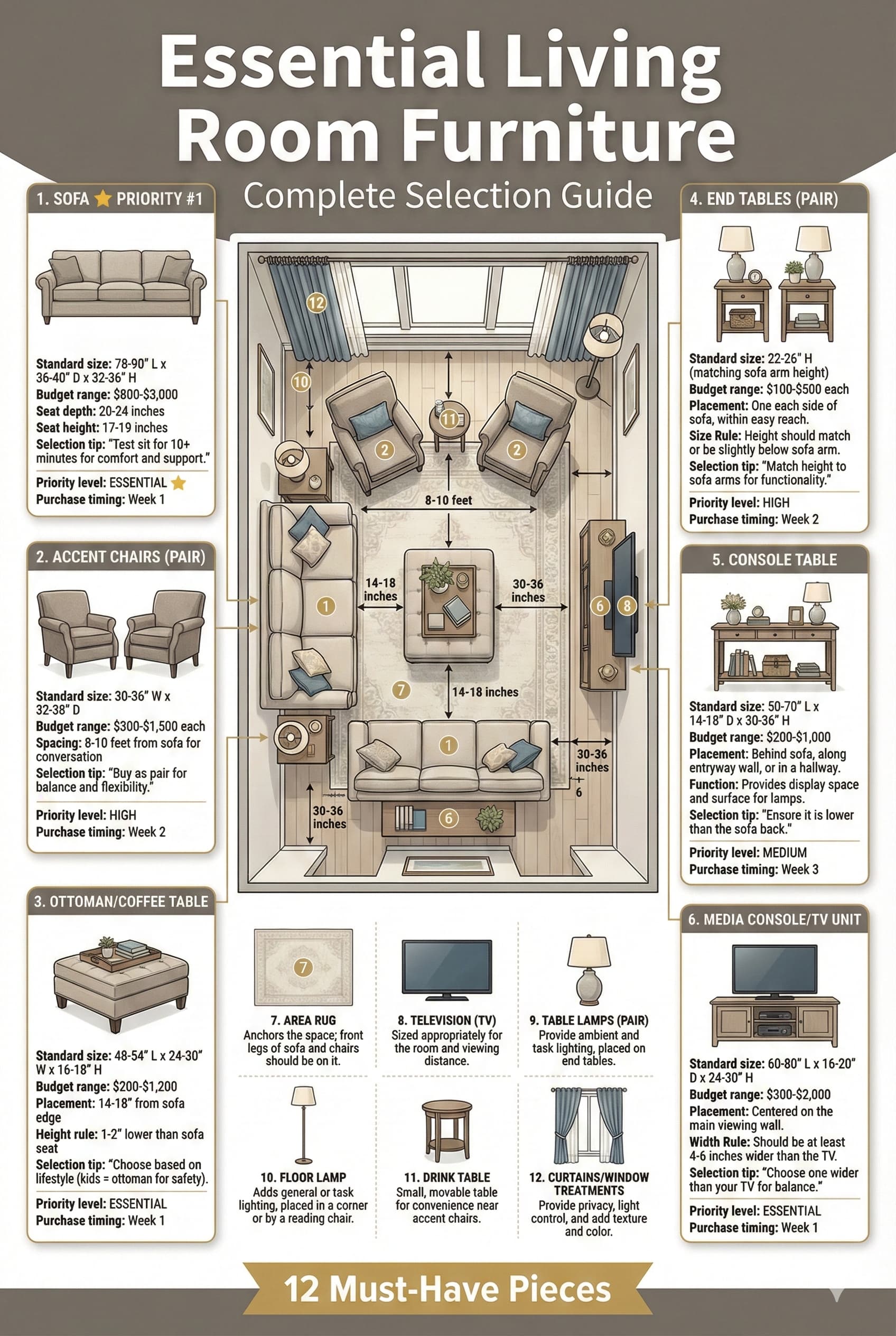Essential living room furniture guide showing 12 must-have pieces including sofa accent chairs coffee table end tables TV console bookshelf lamps rug pillows and artwork with measurements and budget ranges