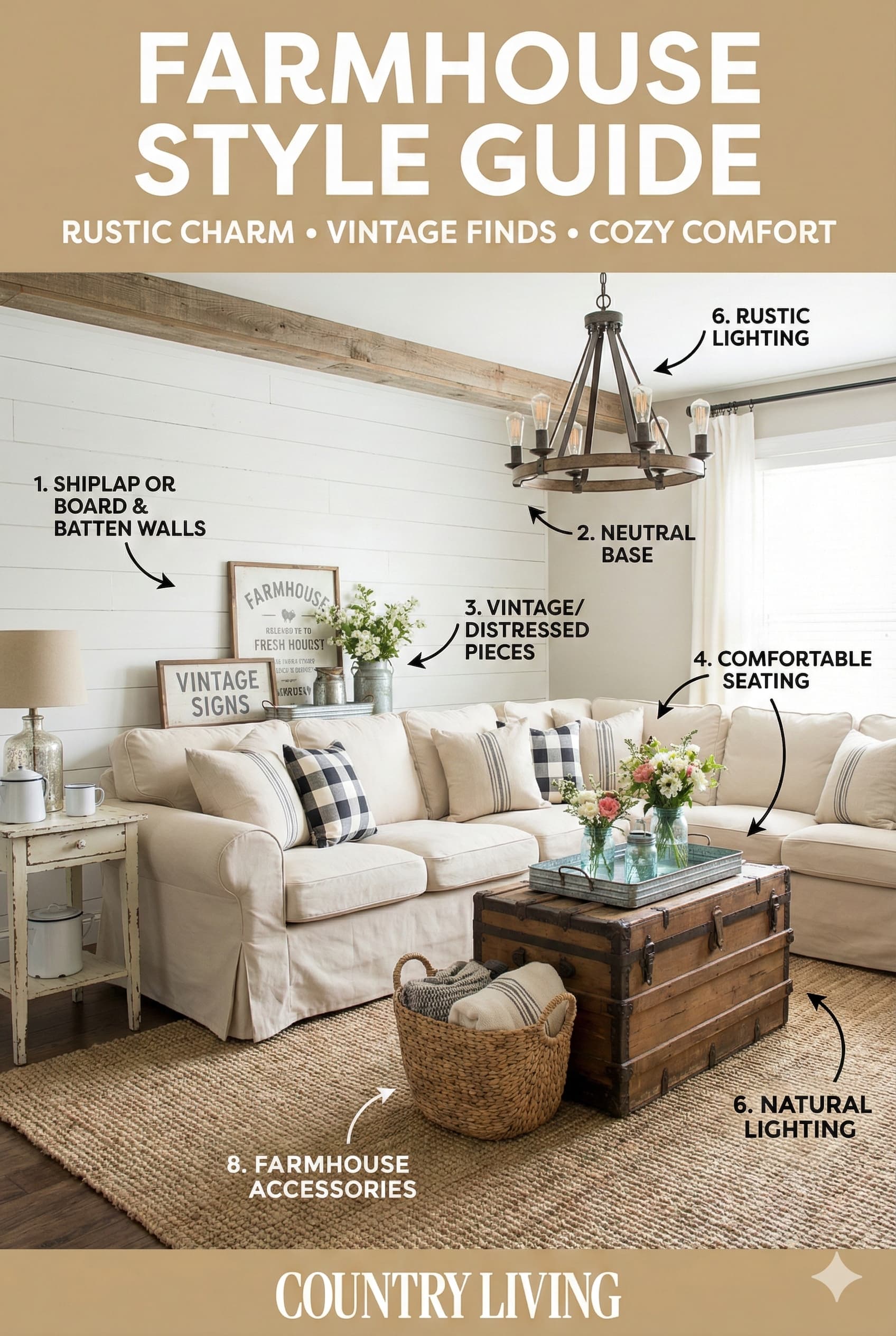 Farmhouse living room style guide featuring shiplap walls vintage furniture neutral colors and rustic accessories with labeled elements