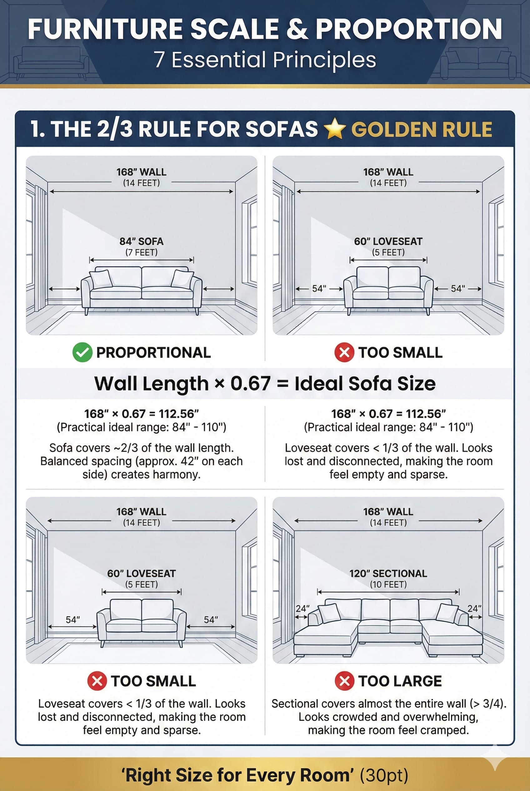 Furniture scale and proportion principles showing the 2/3 rule room size matrix visual weight balance height variation ceiling proportions and common mistakes with before and after comparisons