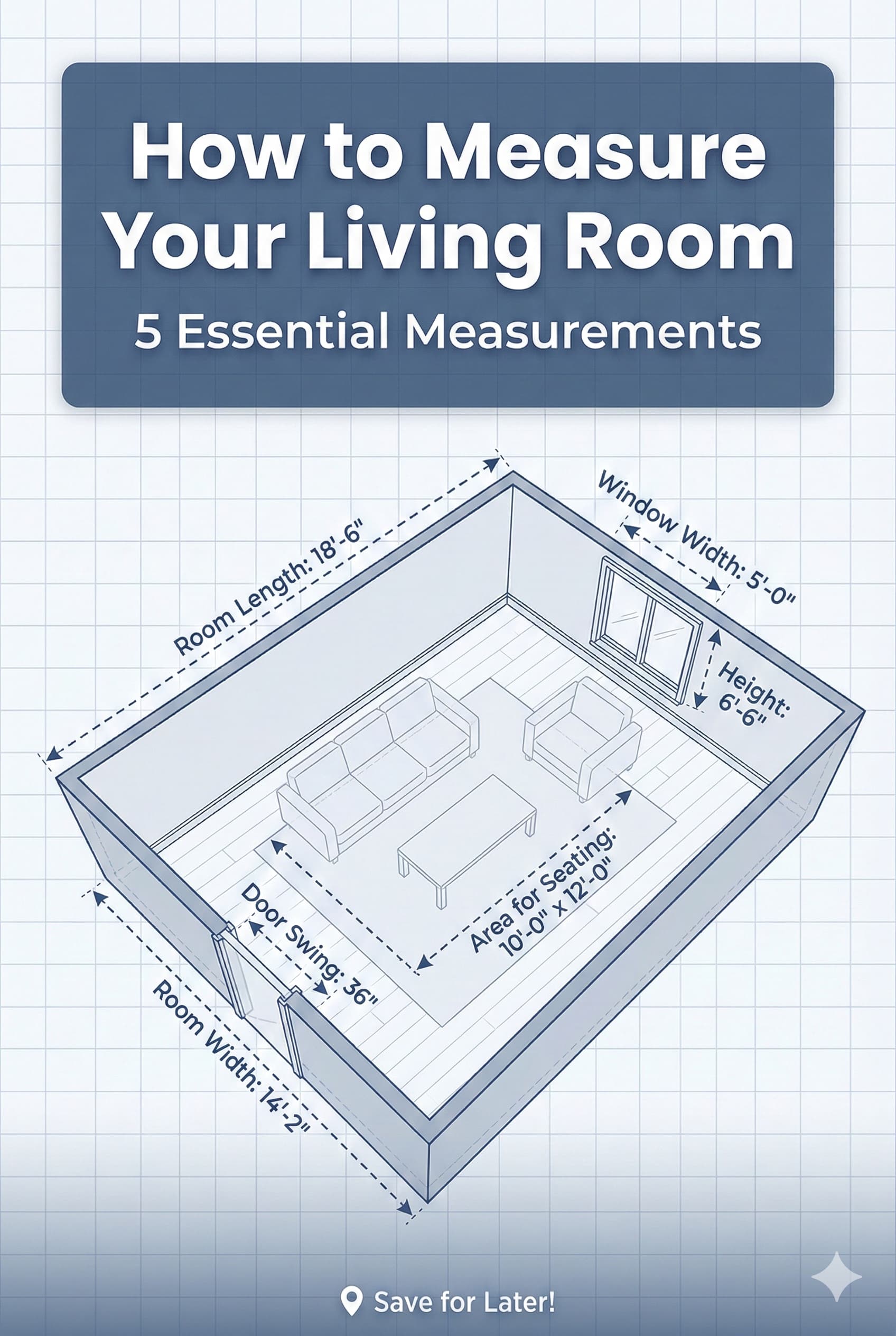 Living room floor plan showing five essential measurement points for furniture placement
