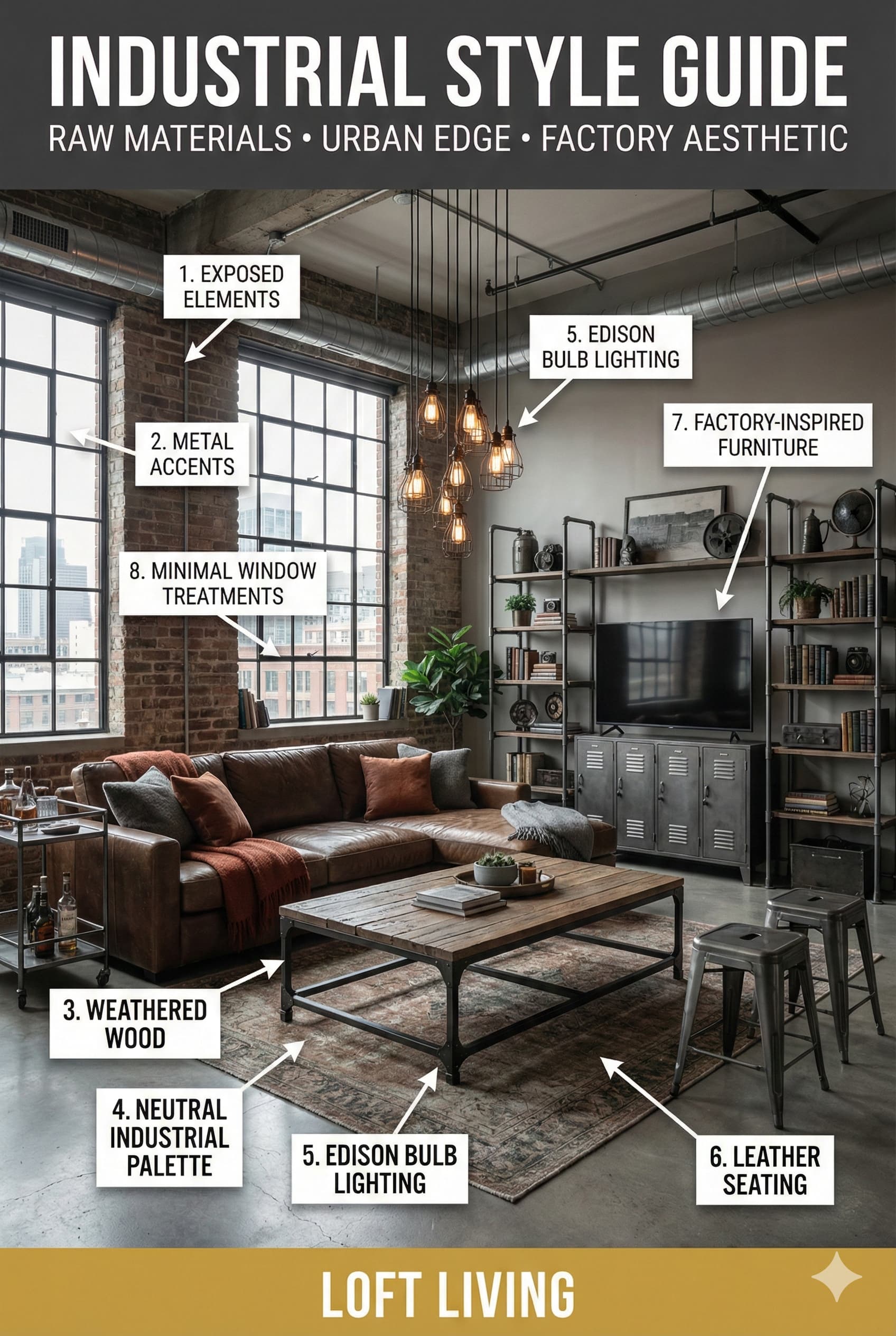 Industrial living room style guide showing exposed brick metal accents weathered wood and factory-inspired furniture with labeled elements