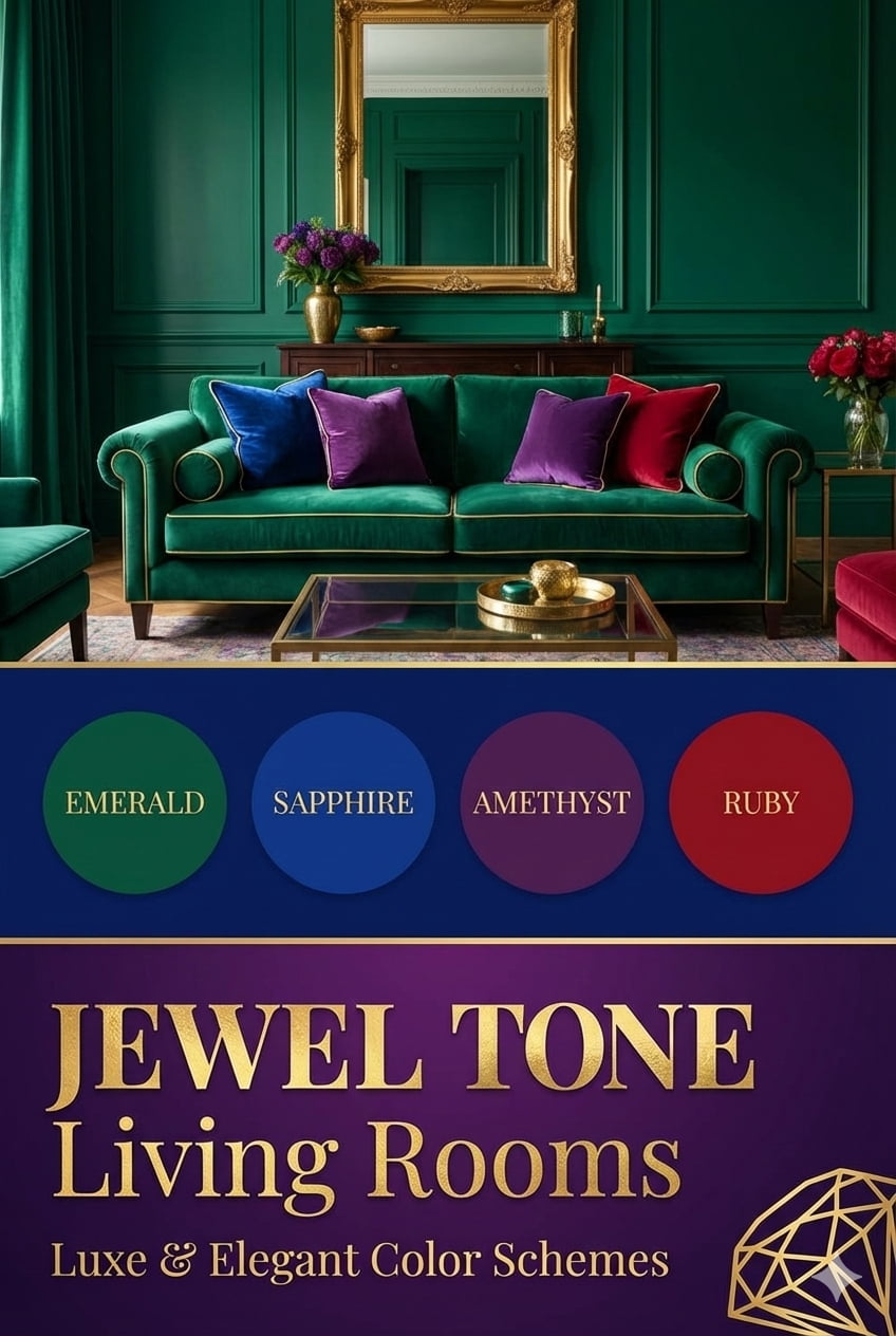Bold jewel tone living room colors including emerald green and sapphire blue