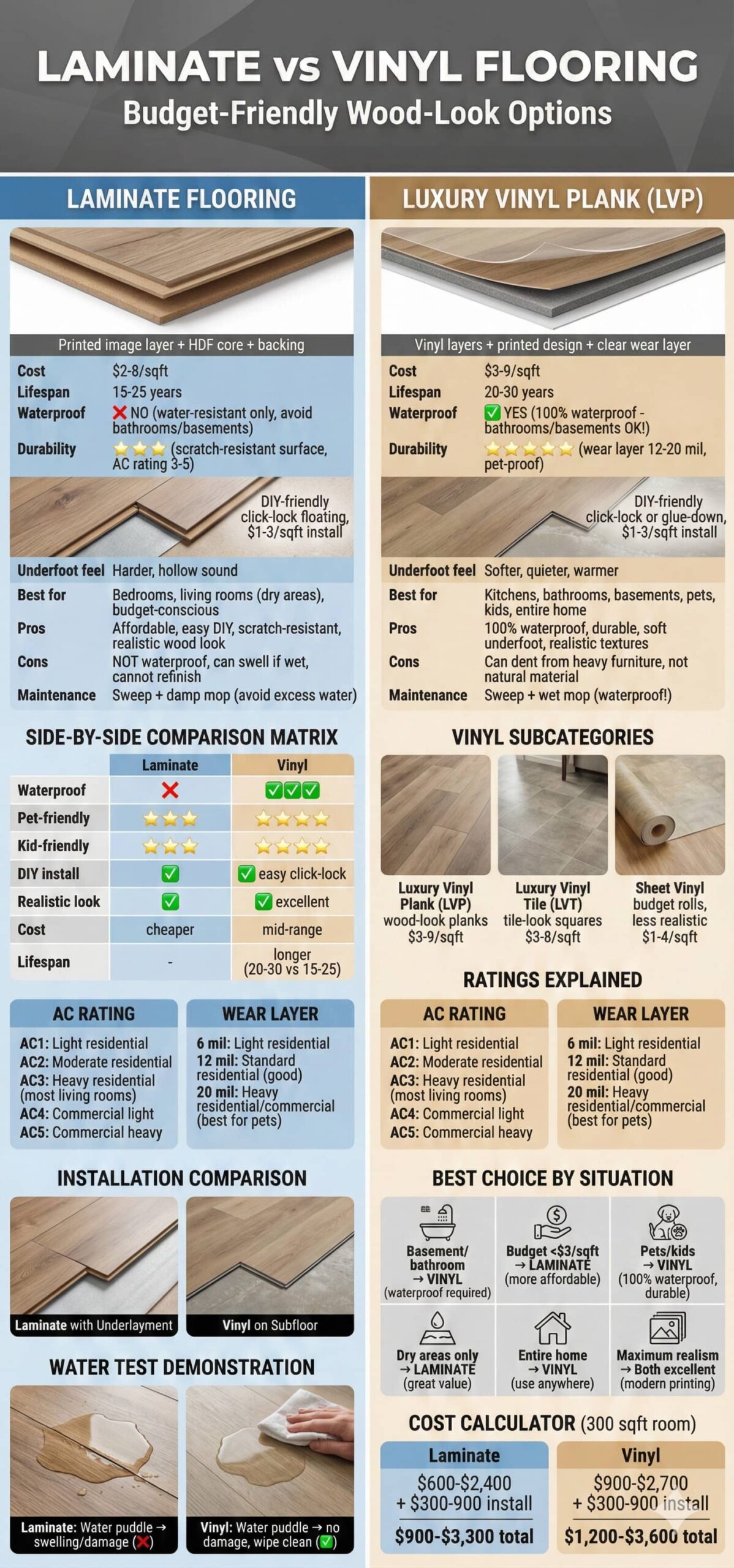 Laminate versus luxury vinyl plank flooring comparison showing waterproof testing costs durability and installation options