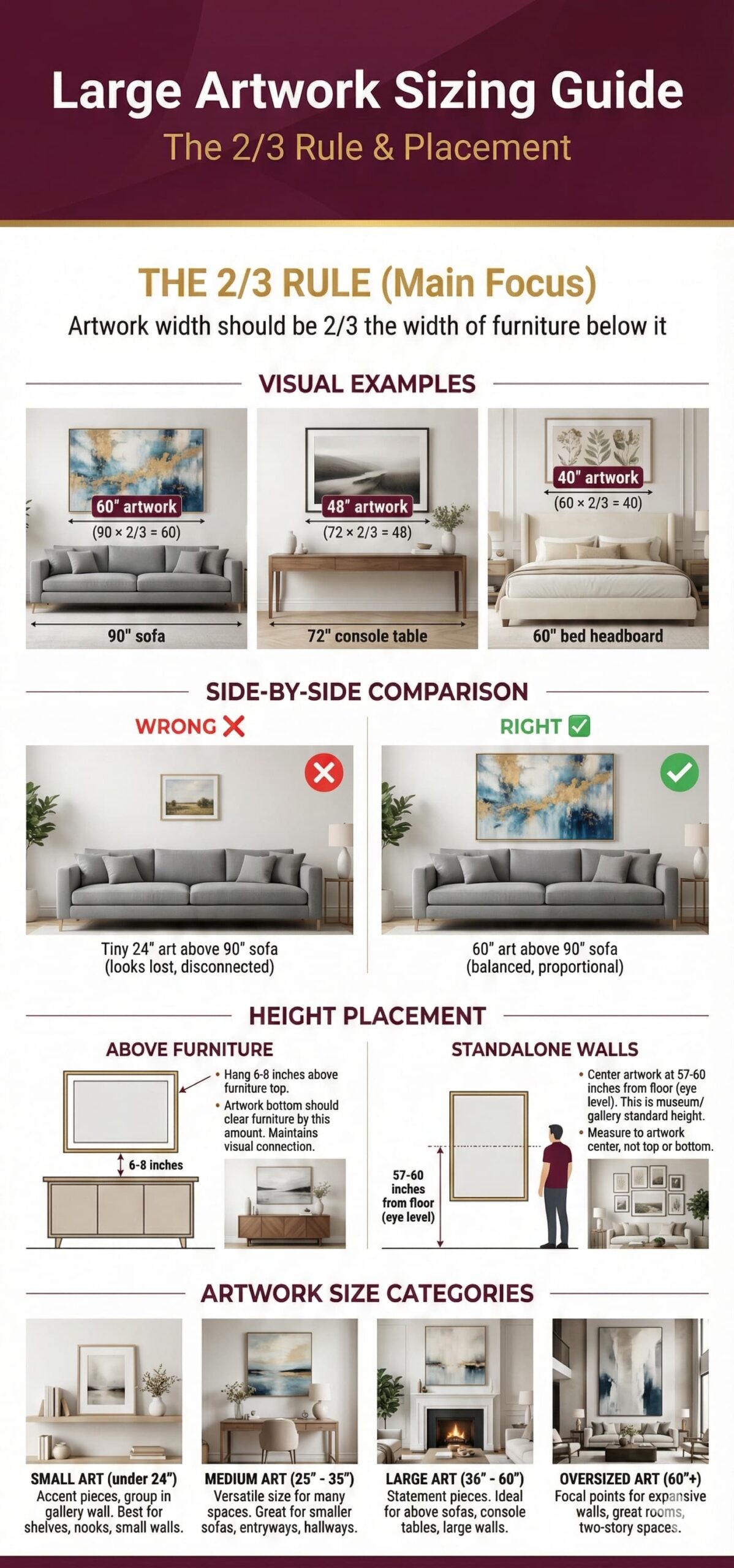 Large artwork sizing guide showing 2/3 rule with furniture width measurements and height placement at 57-60 inches eye level