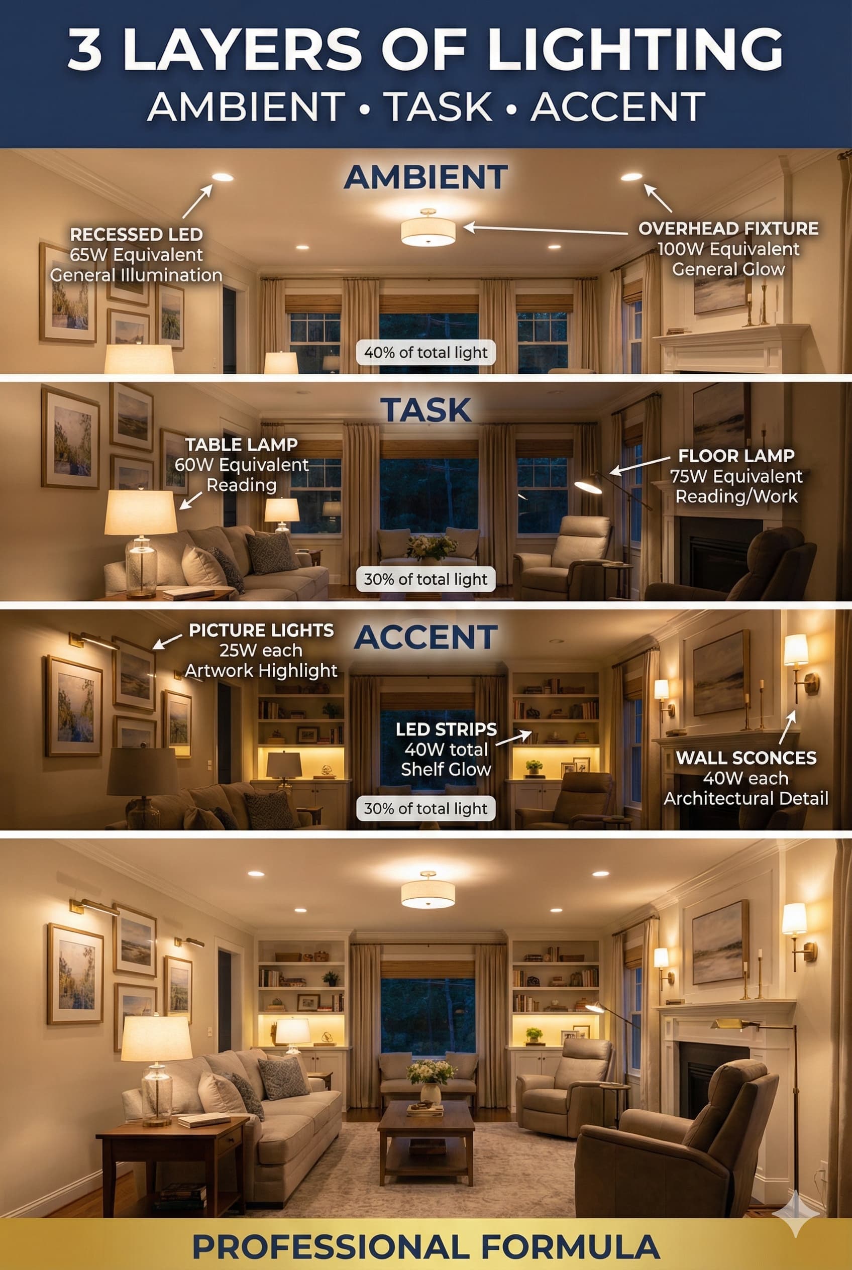 Three layers of living room lighting showing ambient task and accent lighting working together in professional design