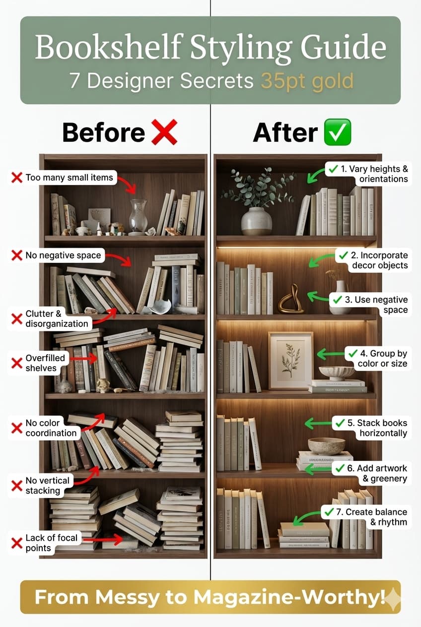 Bookshelf styling formula showing 60 percent books 30 percent decorative objects 10 percent negative space with before after examples