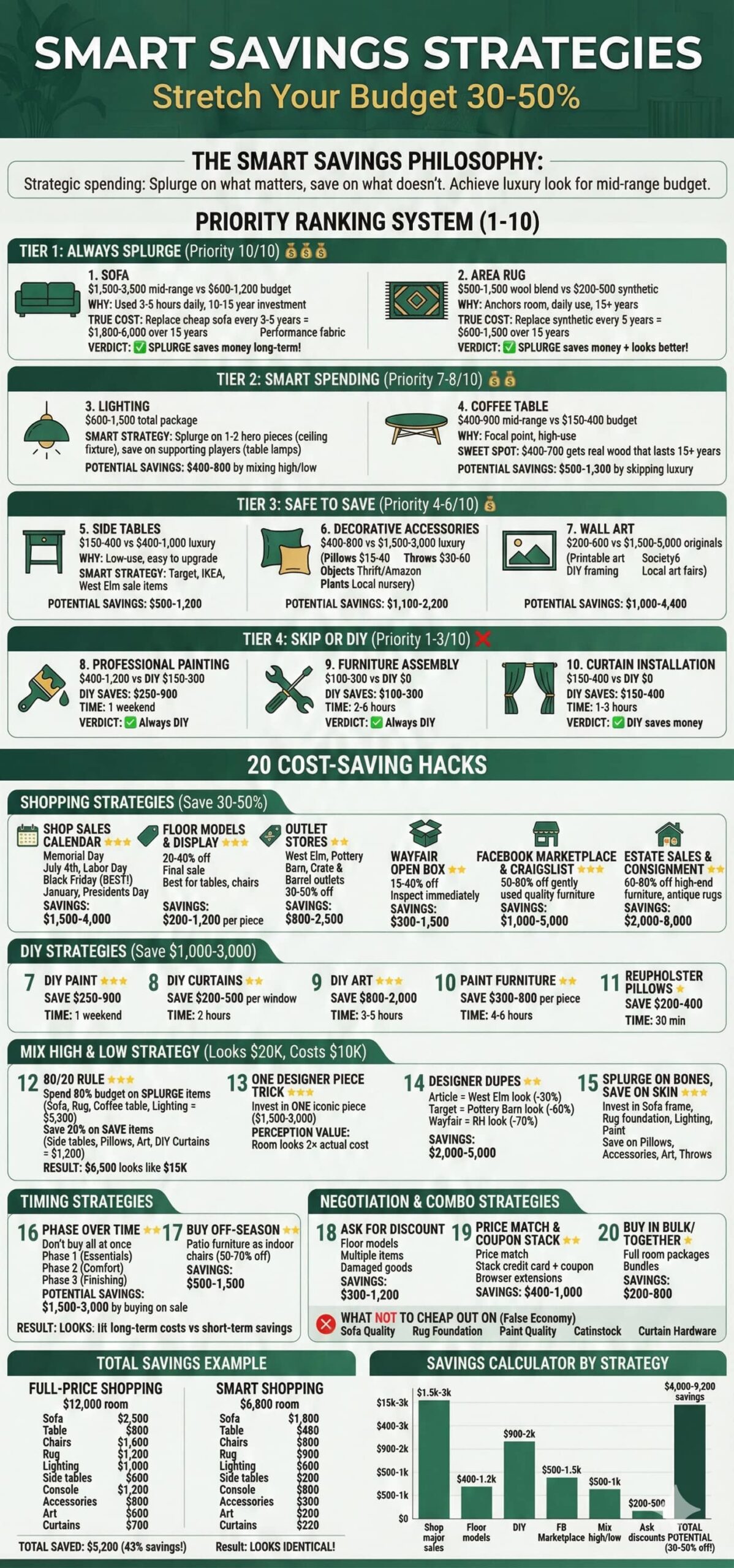 Cost-saving strategies guide showing priority ranking twenty money-saving hacks shopping calendar DIY projects and budget comparison examples