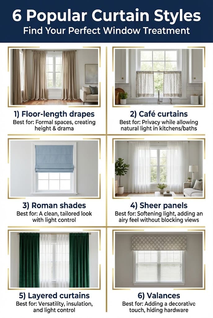 Six popular curtain styles for living rooms including floor-length drapes cafe curtains roman shades and sheer panels