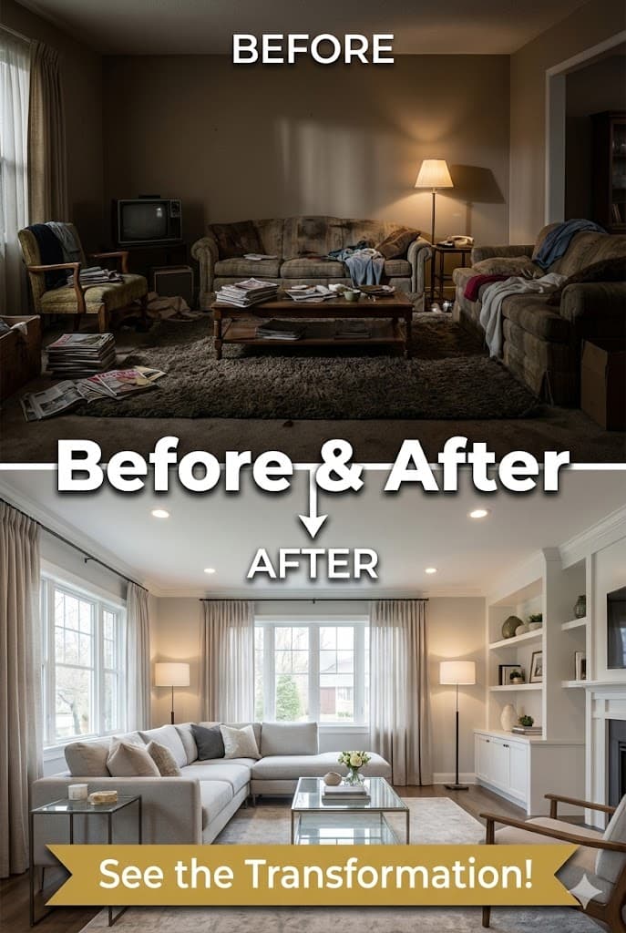 Living room makeover before and after showing transformation from cluttered dated space to modern organized design
