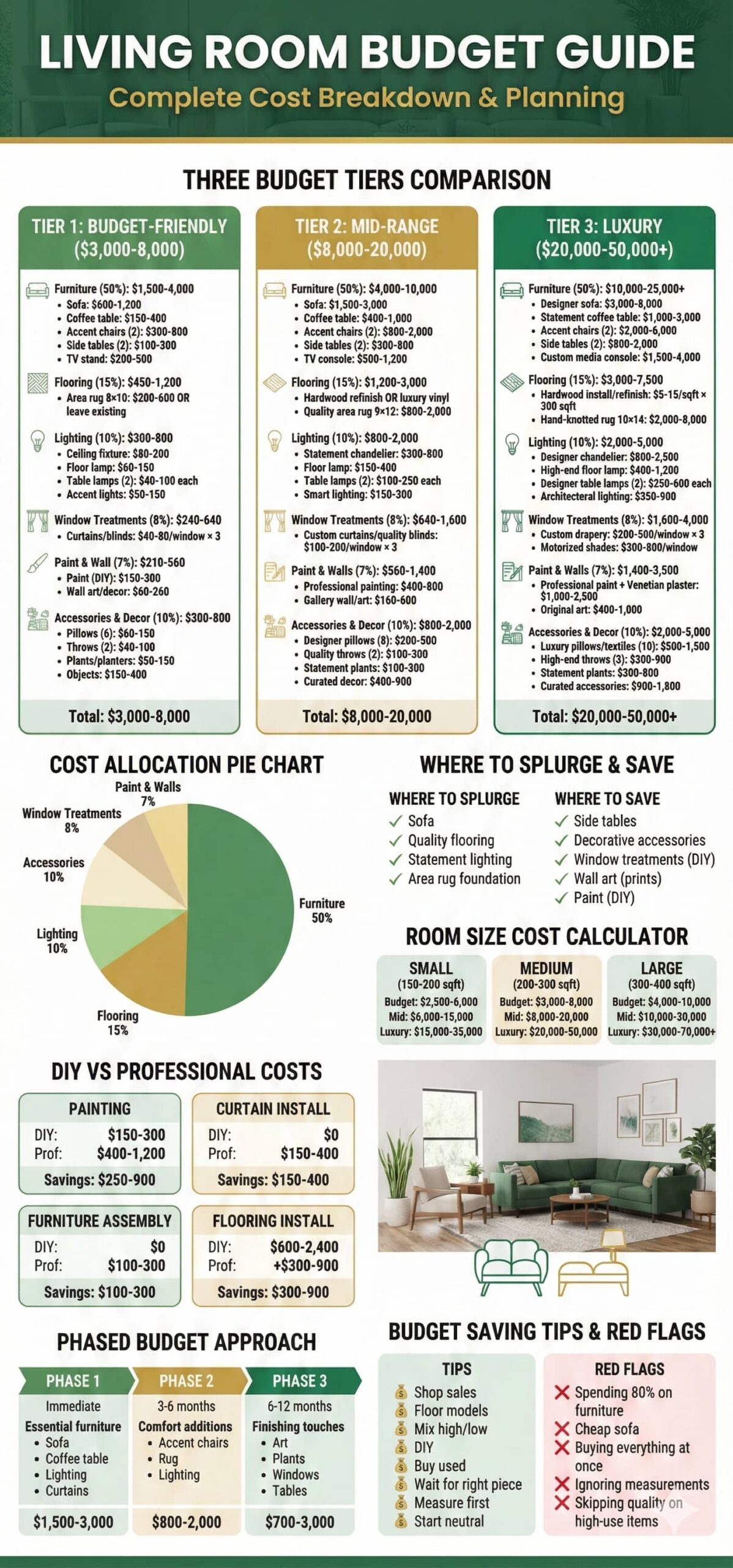 Living room design complete budget breakdown showing three tiers budget mid-range luxury with cost allocation percentages and phased planning