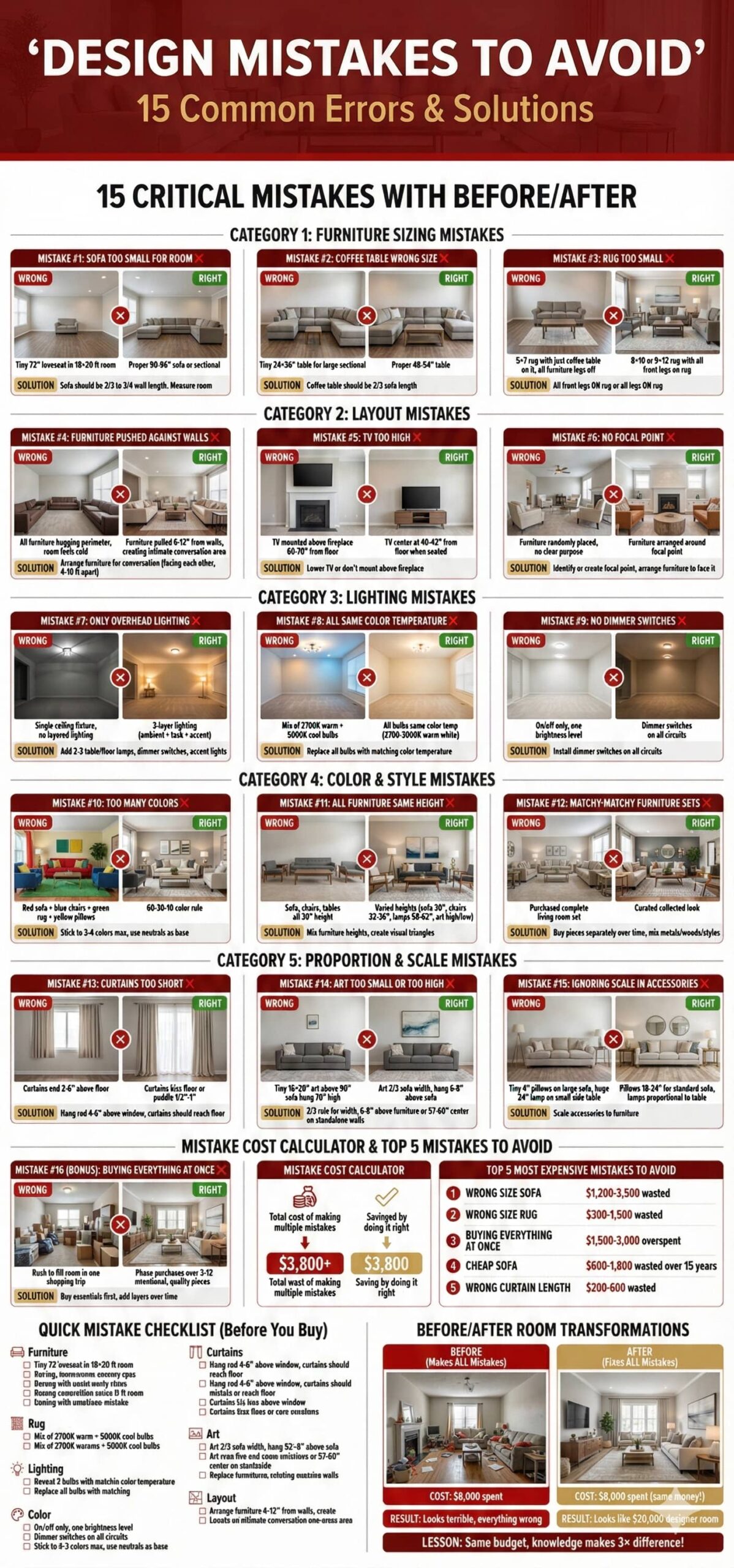 Fifteen living room design mistakes showing wrong versus right examples including furniture sizing layout lighting color proportion and budget errors with solutions