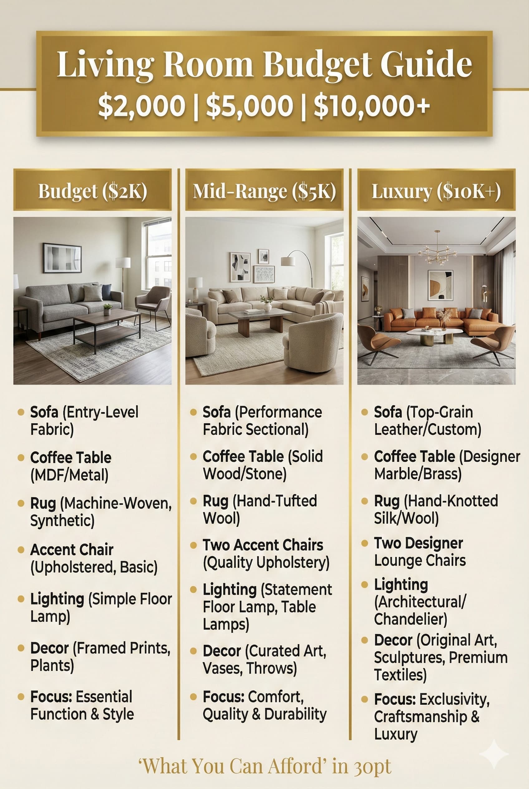 "Living room furniture budget comparison showing costs at 2000 5000 and 10000 dollar price points