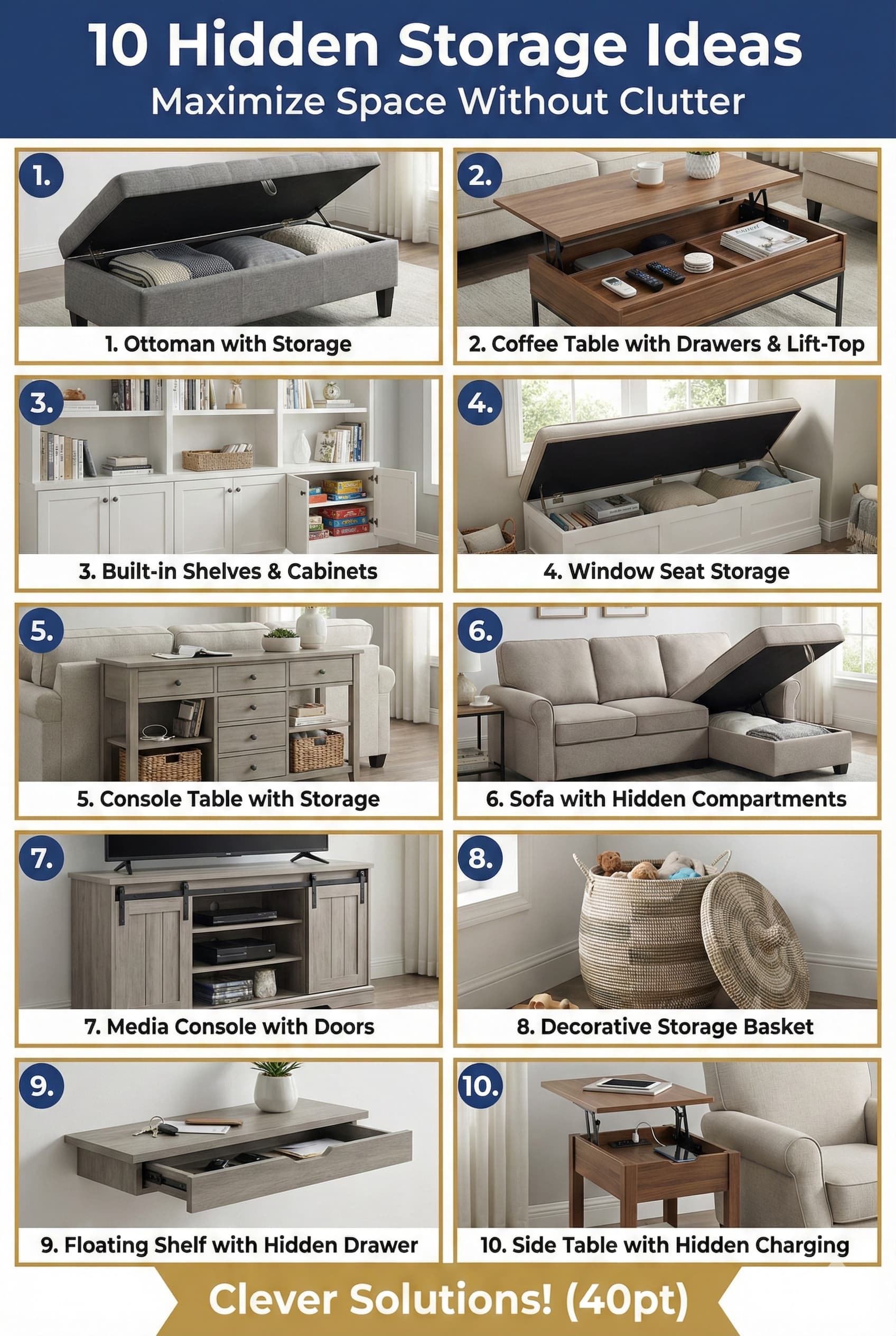 Ten hidden storage solutions for living rooms including ottoman storage coffee tables with drawers and built-in shelving