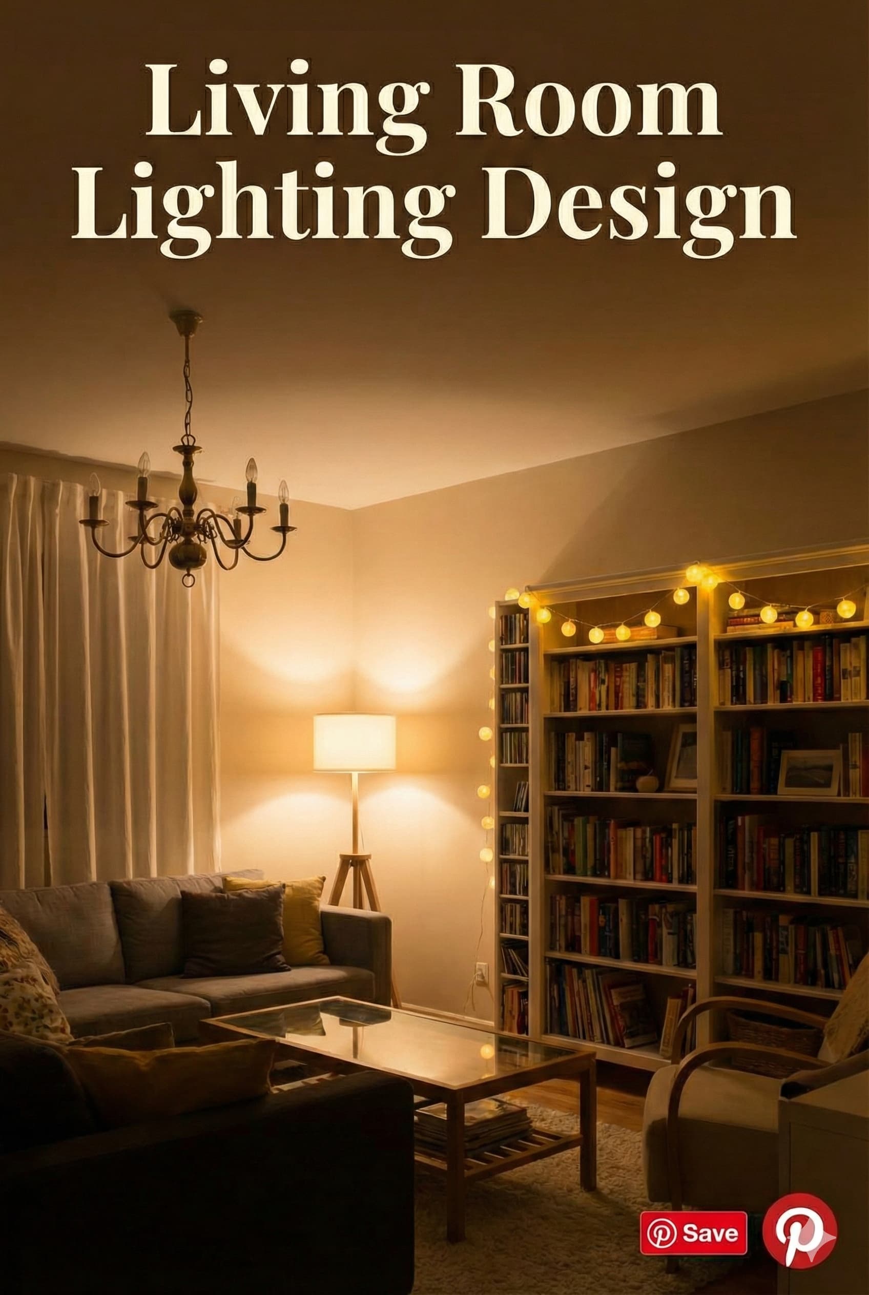 Cozy living room at night featuring professional lighting design with warm task lighting floor lamp, soft ambient chandelier, and decorative accent lights on bookshelves.