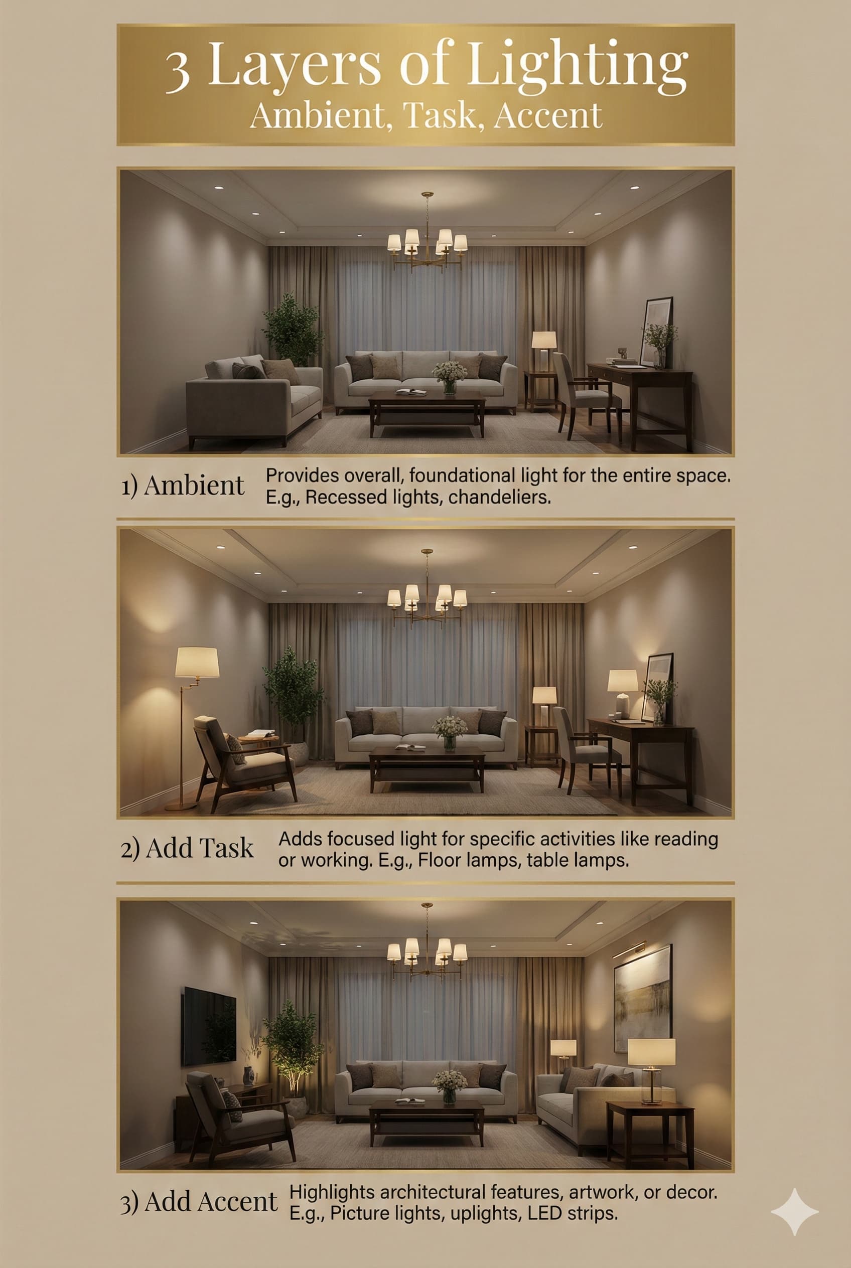 Three-layer lighting system showing ambient task and accent lighting in living room