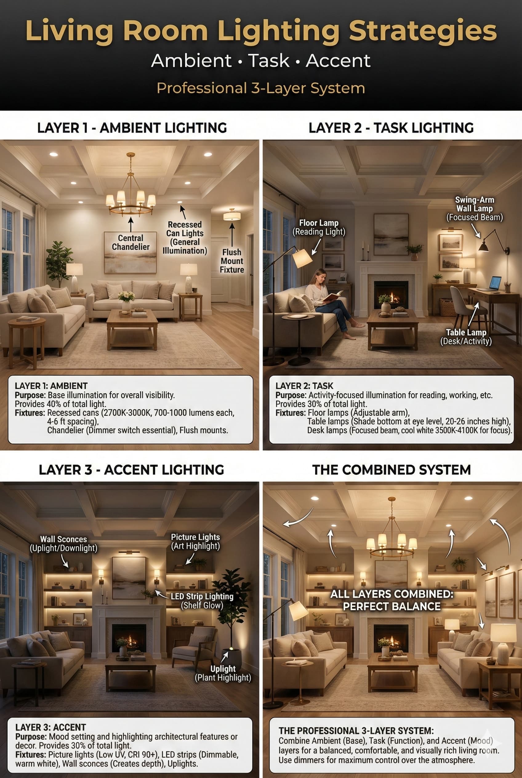 Complete living room lighting strategies showing ambient task and accent layers with fixture types costs and implementation guide