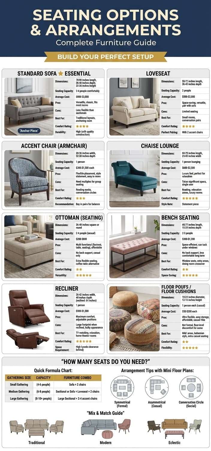 Eight living room seating options comparison showing standard sofa loveseat accent chairs chaise lounge ottoman bench recliner and floor poufs with dimensions costs and ratings