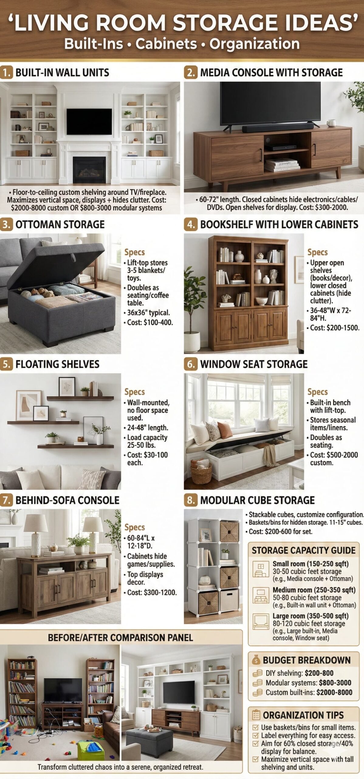 Eight living room storage solutions showing built-ins media consoles ottoman storage and organization systems with costs