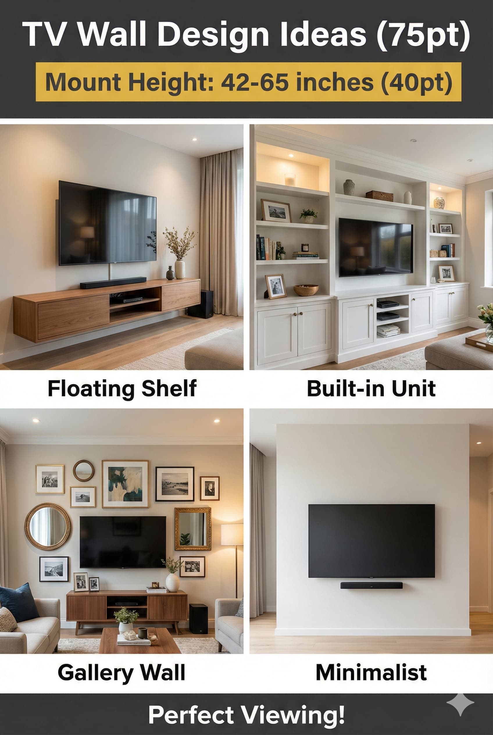 Four TV wall design options with mounting height guide showing 42-65 inch optimal placement