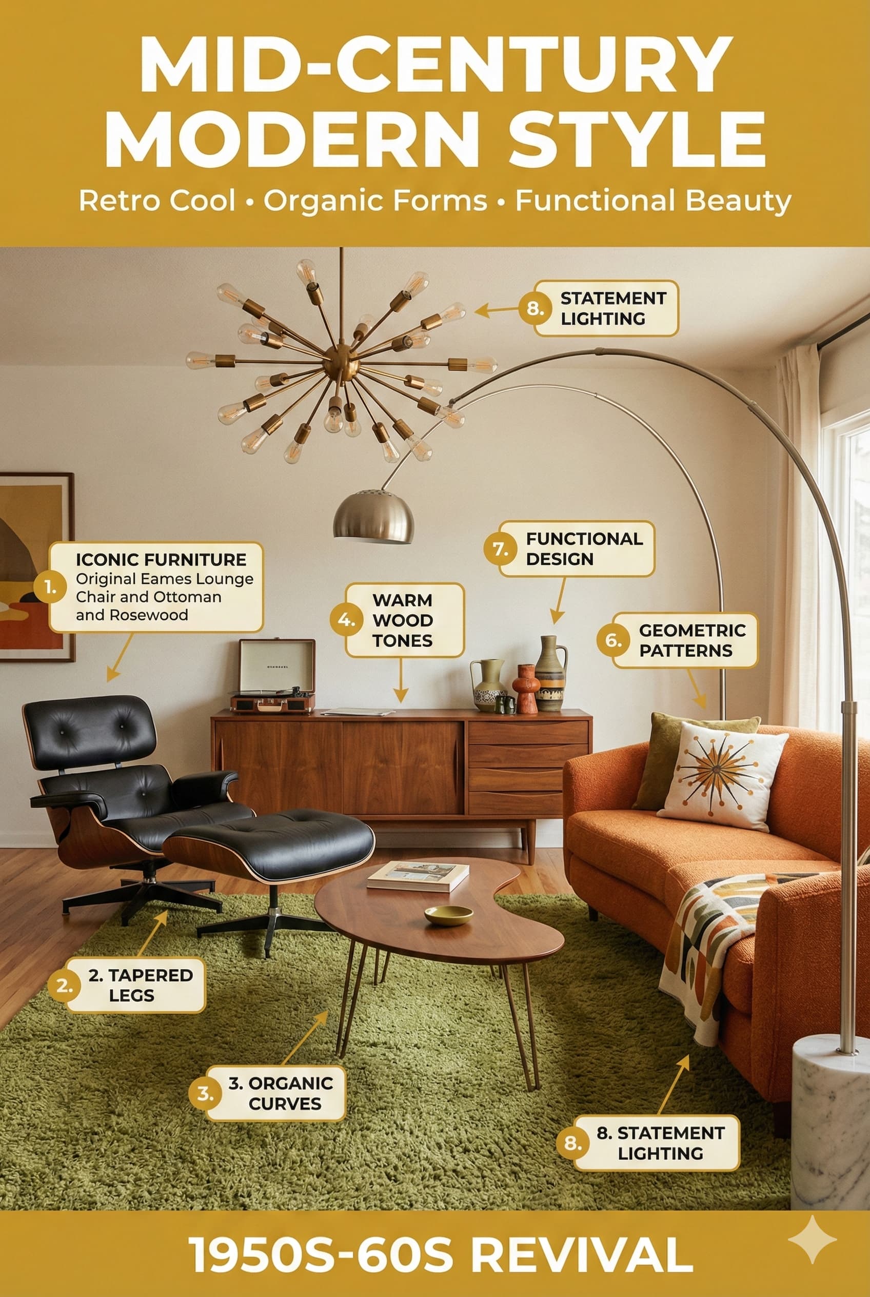 Mid-century modern living room style guide featuring iconic furniture tapered legs organic curves and retro colors with labeled elements