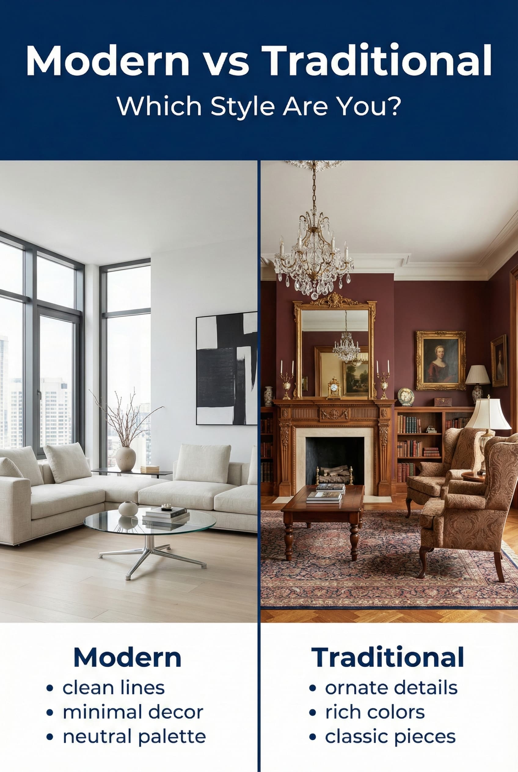 Side by side comparison of modern and traditional living room design styles with key characteristics