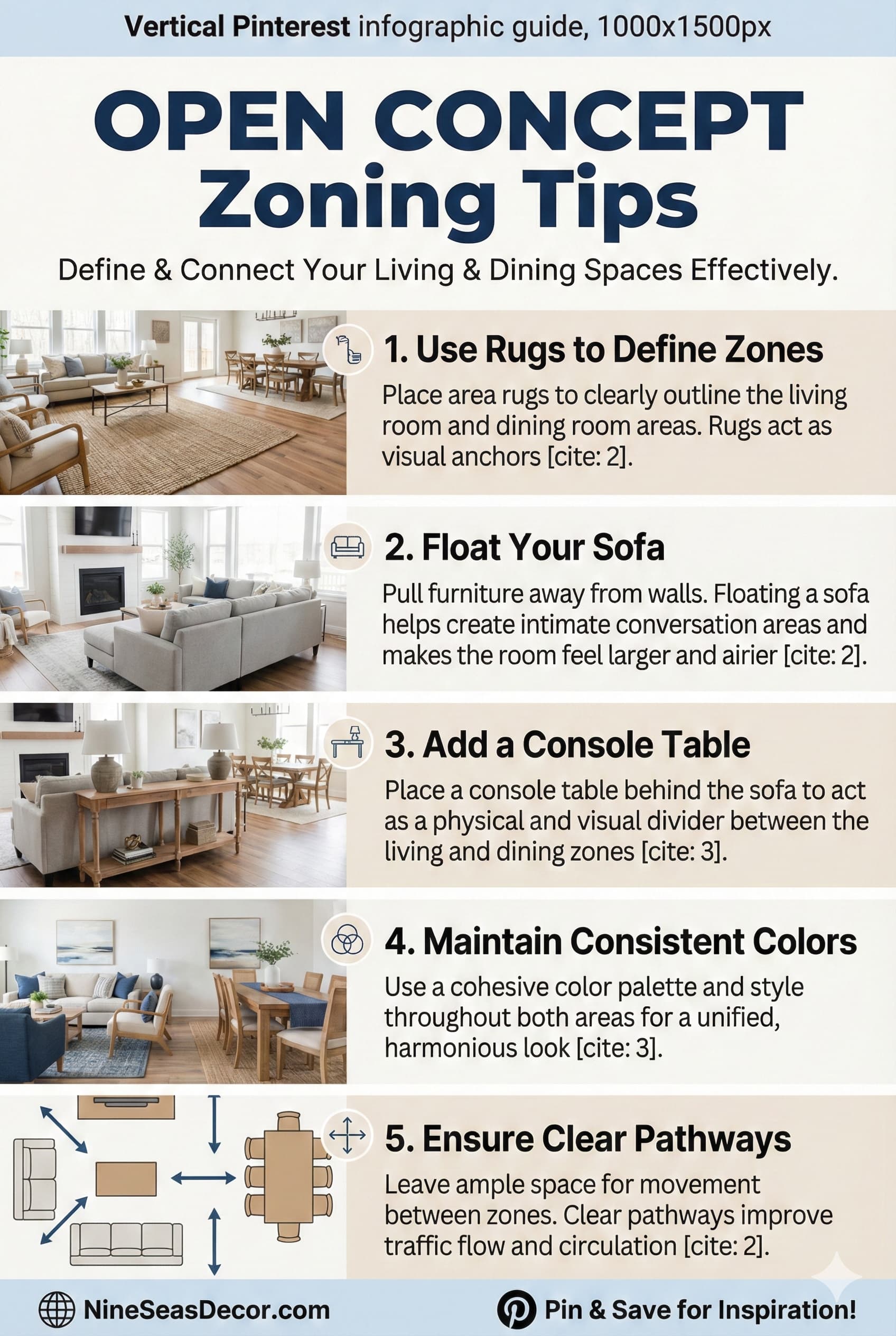 Multi-zone living room with distinct areas for different activities