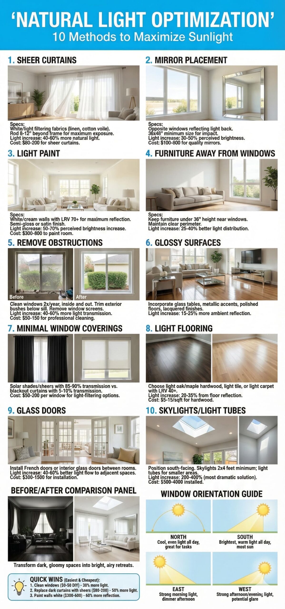 Ten natural light optimization methods showing window treatments mirror placement paint colors furniture placement and skylights with specifications