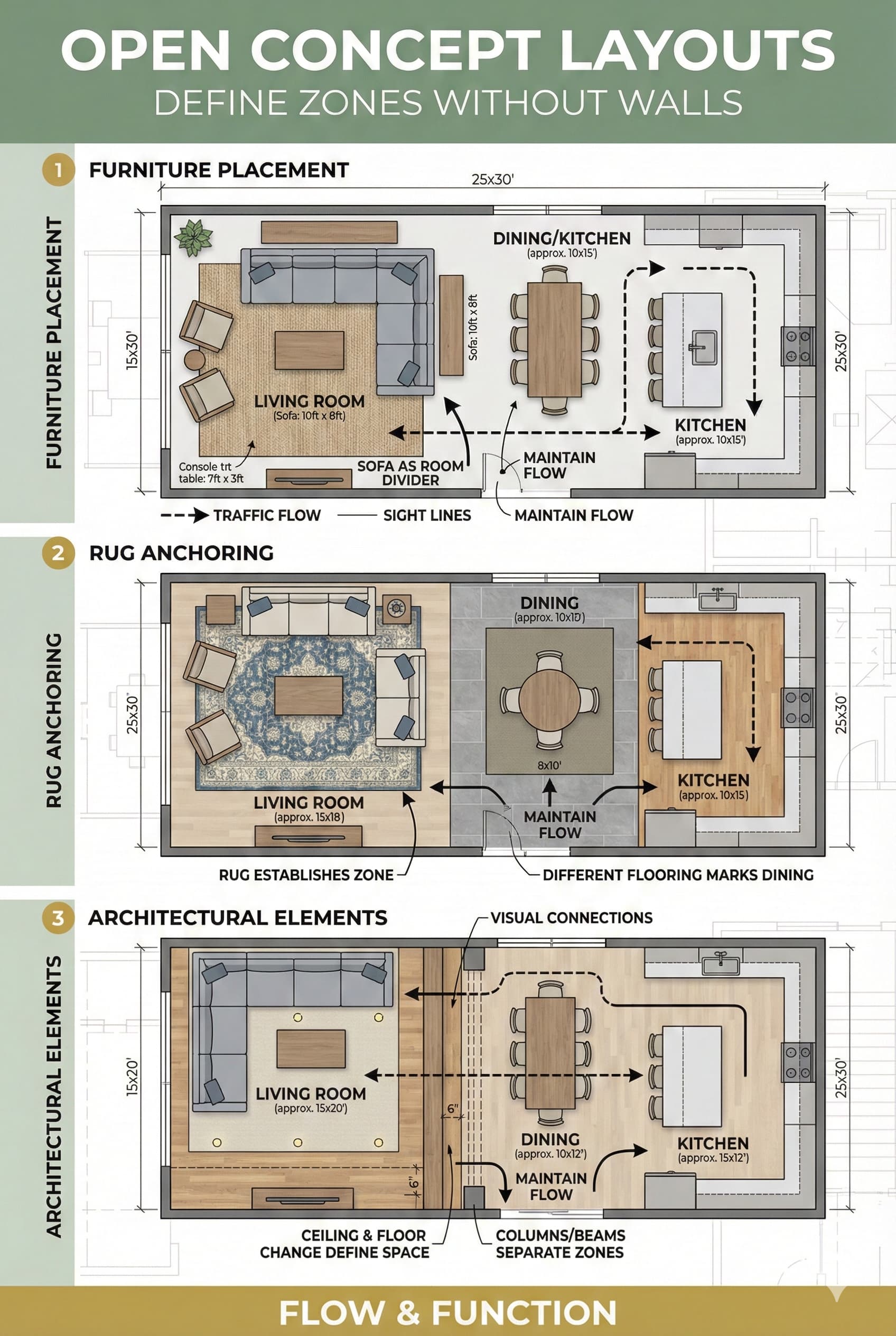 Three open concept living room layout solutions showing zone definition without walls